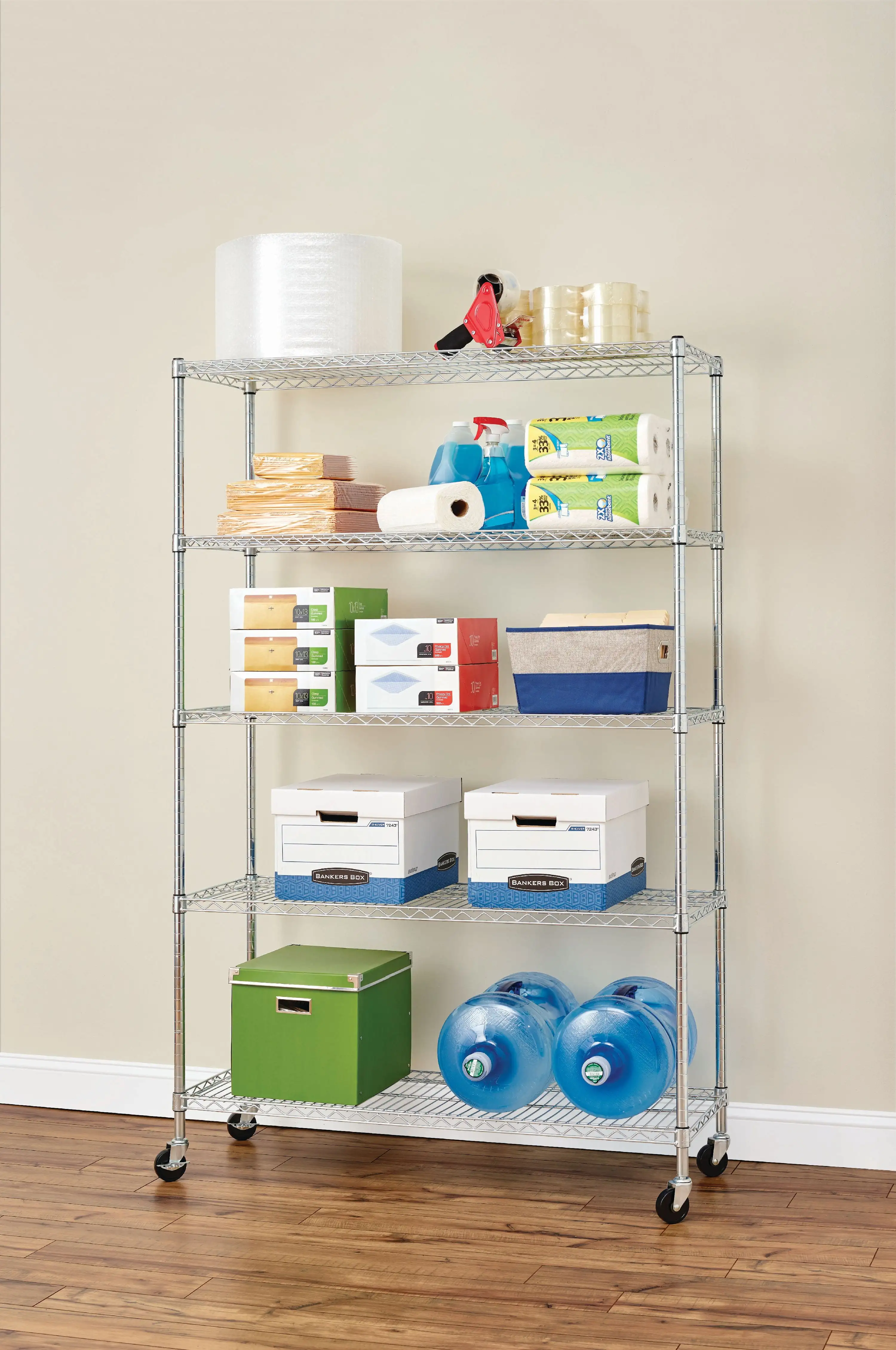 HSS 5-Tier Wire Shelf Unit 75H x 47.7W x 18D. 1750lbs Total Capacity with Levelers. Chrome