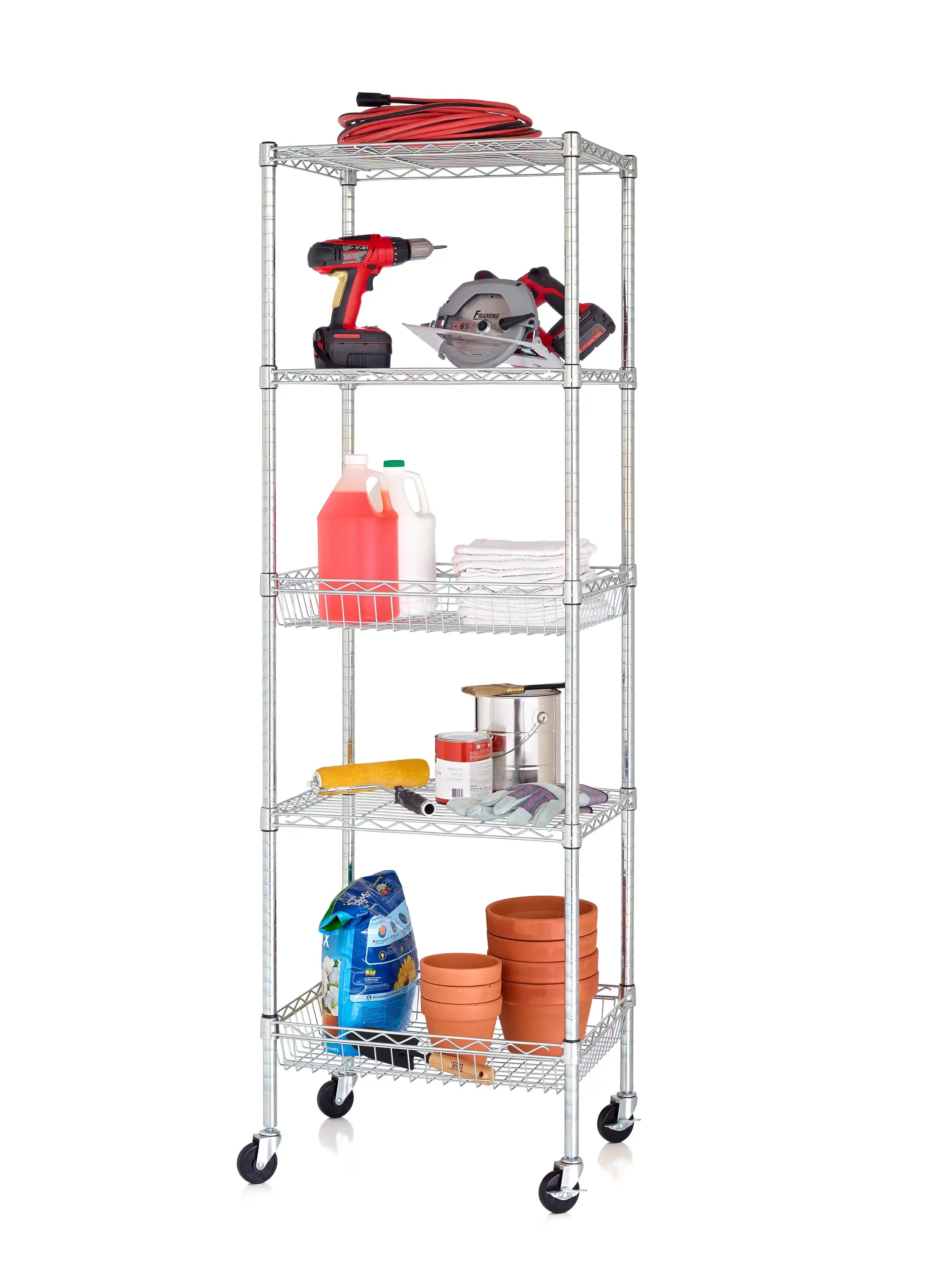 HSS 5 Tier Wire Shelf Unit With 3 Casters 18Dx24Wx75 Chrome. Capacity 500 lbs