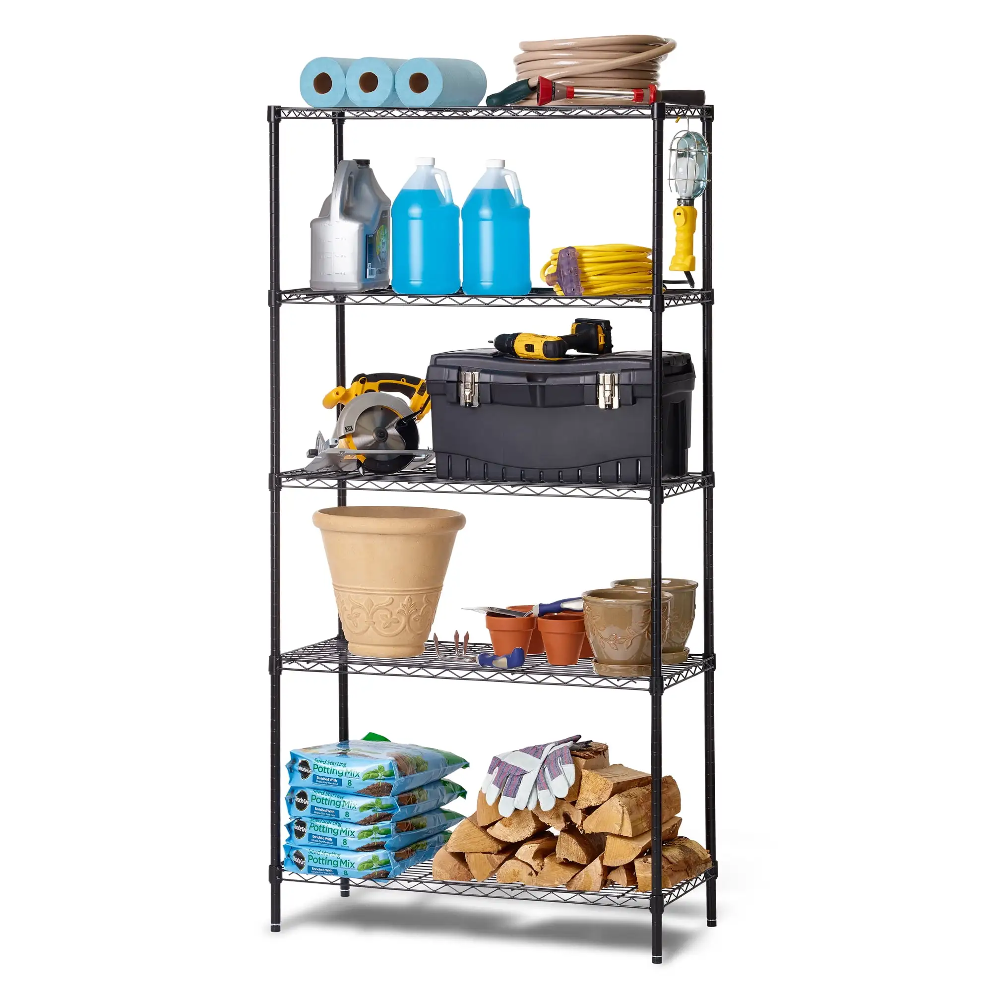 HSS Black Wire Shelf 5-Tier 72 H x 36 W x 16 D. 1250lb Total Capacity