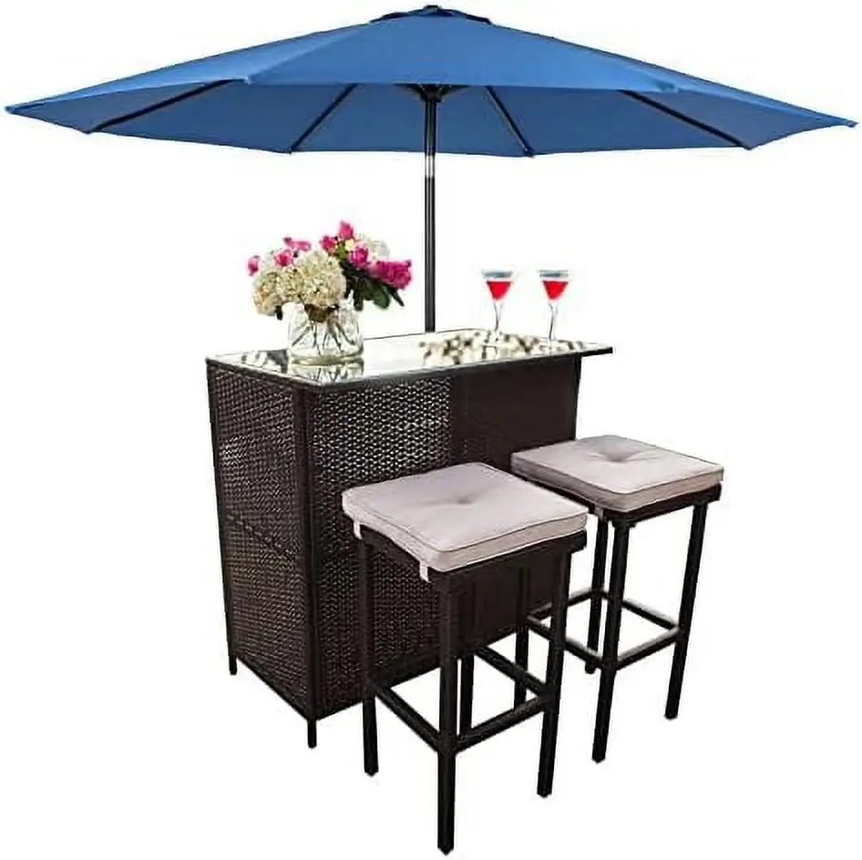 HYHBIBOOM Outdoor Set 3-Piece Rattan Wicker Patio Glass and Two Stools with Cushions and 9 FT Patio Umbrella for Patios Backyards Porches Gardens or Poolside Sky Blue