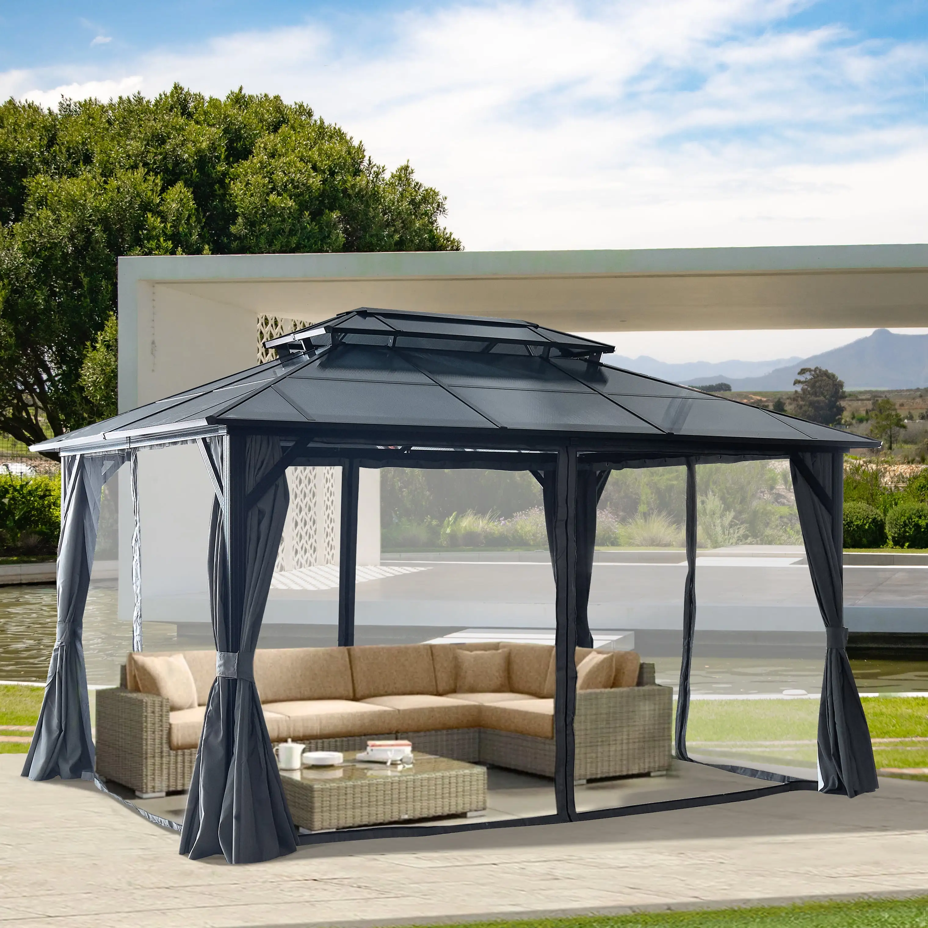 Hardtop Gazebo. Aluminum Frame Outdoor Polycarbonate Double Roof Canopy Permanent Pavilion With Curtains And Netting For Garden. Patio. Lawns 10'x13'