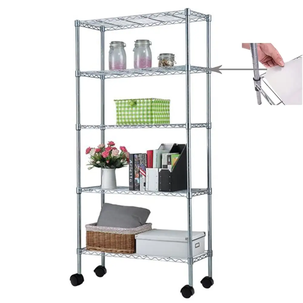 Hassch 5 Tier Adjustable Storage Shelf Metal Storage Rack Wire Shelving Unit with 1.5 Nylon Wheels. 176lbs Capacity. Chrome