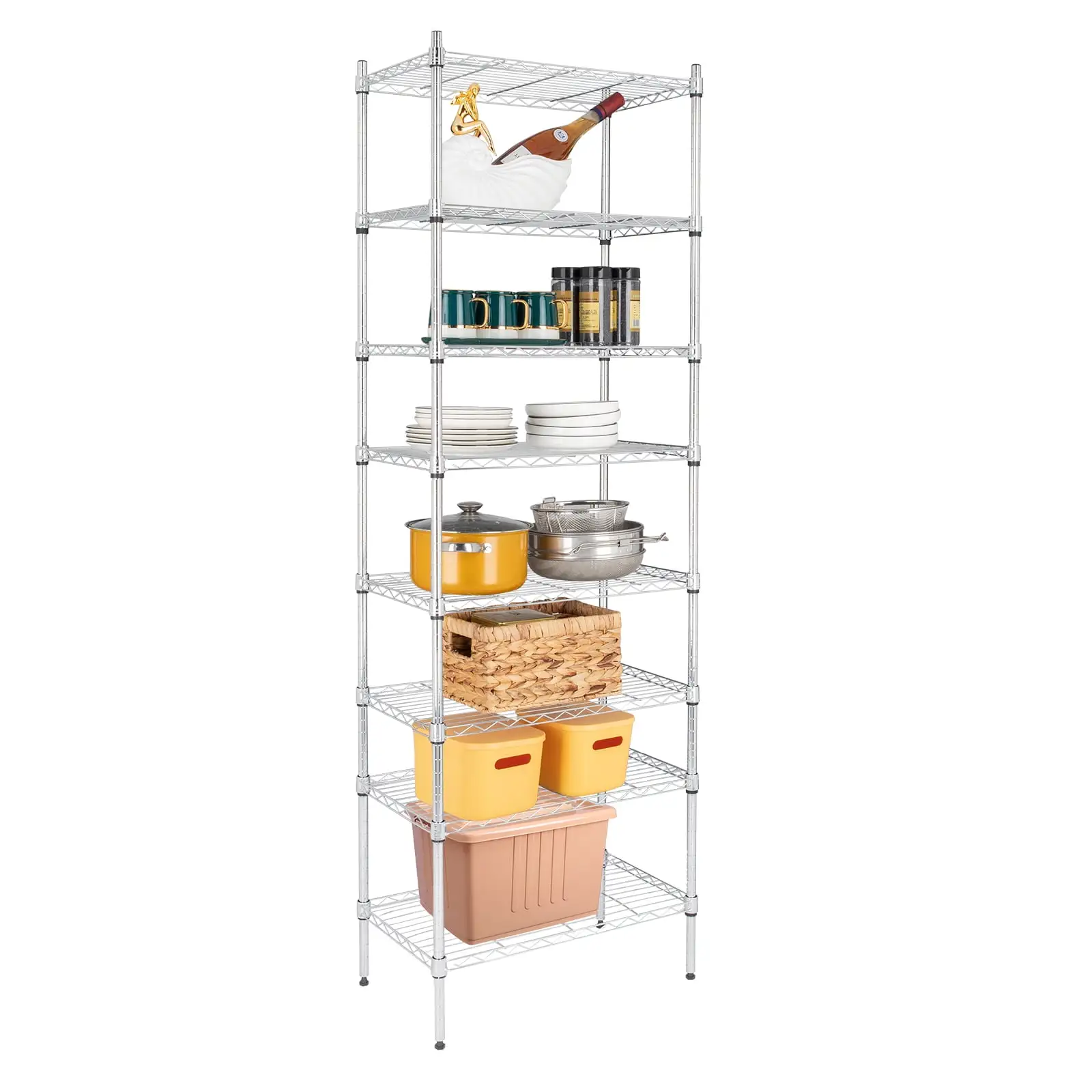 Hassch 8-Tier Storage Shelf Wire Shelving Unit Free Standing Rack Organization. Tool Storage Shelf for Kitchen. Living Room. Hallway. Chrome