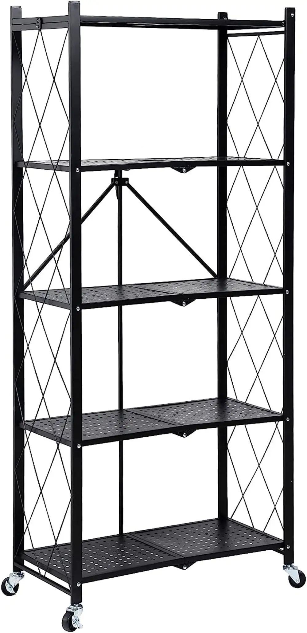 HealSmart 5-Tier Heavy Duty Foldable Metal Organizer Rack Storage Shelving Unit with Wheels Moving Easily. Black