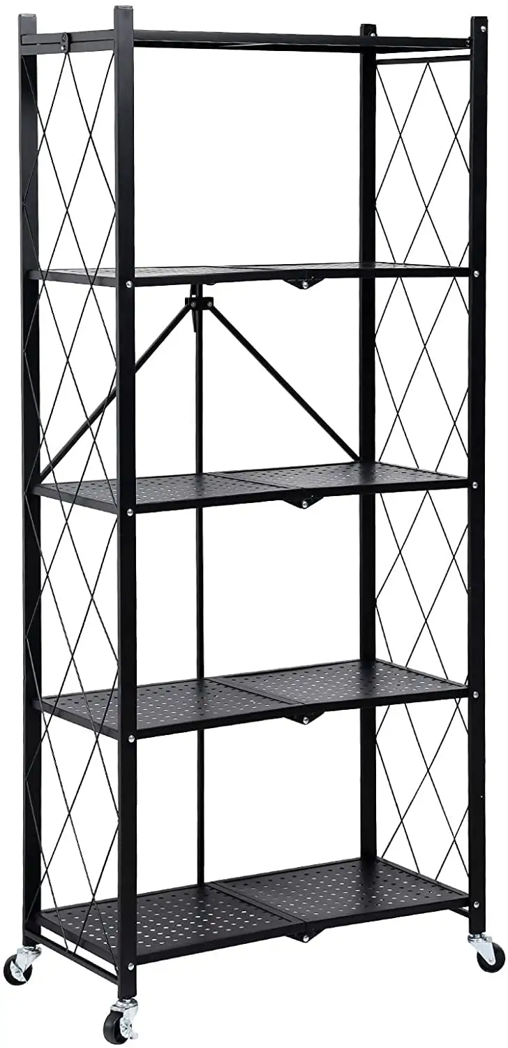 HealSmart 5-Tier Heavy Duty Foldable Metal Rack Storage Shelving Unit with Wheels Moving Easily Organizer Shelves Great for Garage Kitchen Holds up to 1250 lbs Capacity. Black