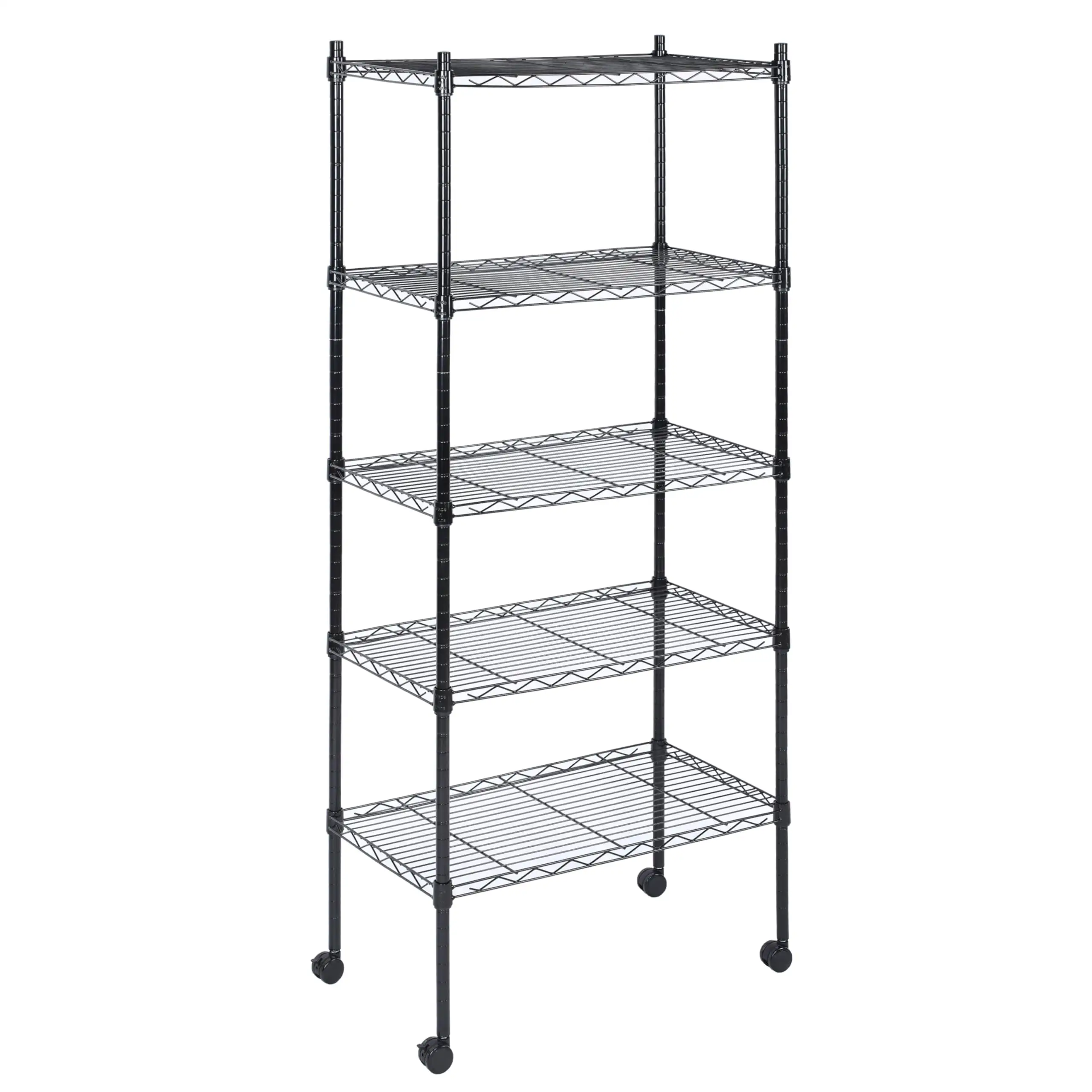 Heavy Duty 5-Tier Shelving Units Adjustable. Wire Shelf with 1000 lbs Capacity (250 per Shelf). 30 D x 14 W x 65 H. Black. 5 Levels. Storage Shelf with Wheels & Leveling Feet