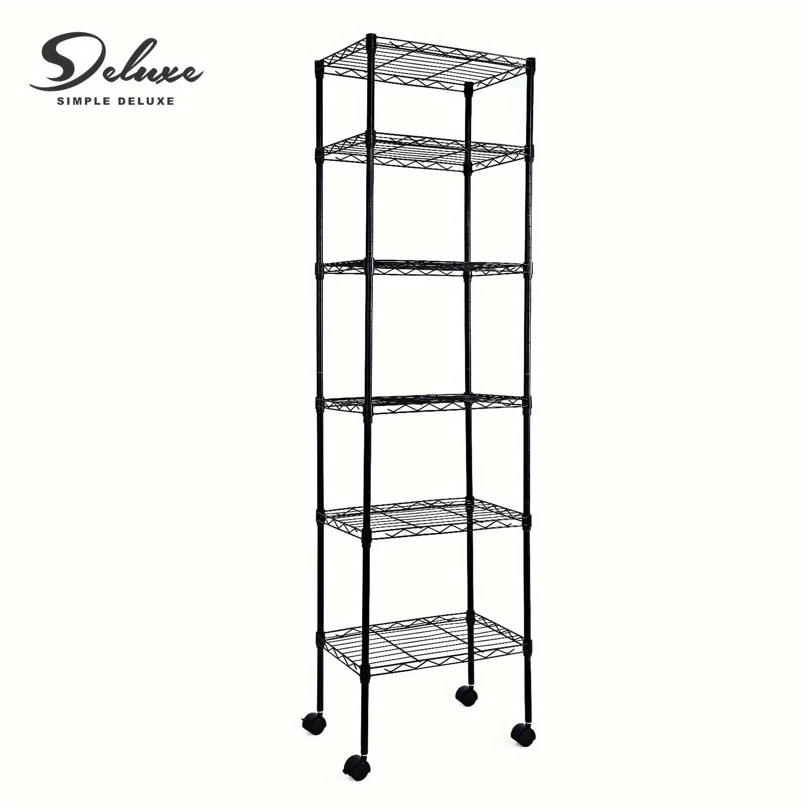 Heavy Duty 6-Shelf Shelving With Wheels. With Hanging Hooks. Wire Shelving. Adjustable Storage Units. 17'' D X 11'' W X 63'' H. 6-Tier. Black