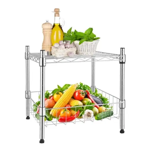 Heavy Duty Shelving Unit. Wire Metal Stackable Storage. 1-Tier Shelf. with Basket. Chrome. 15 W x 13.8 D x 15 H