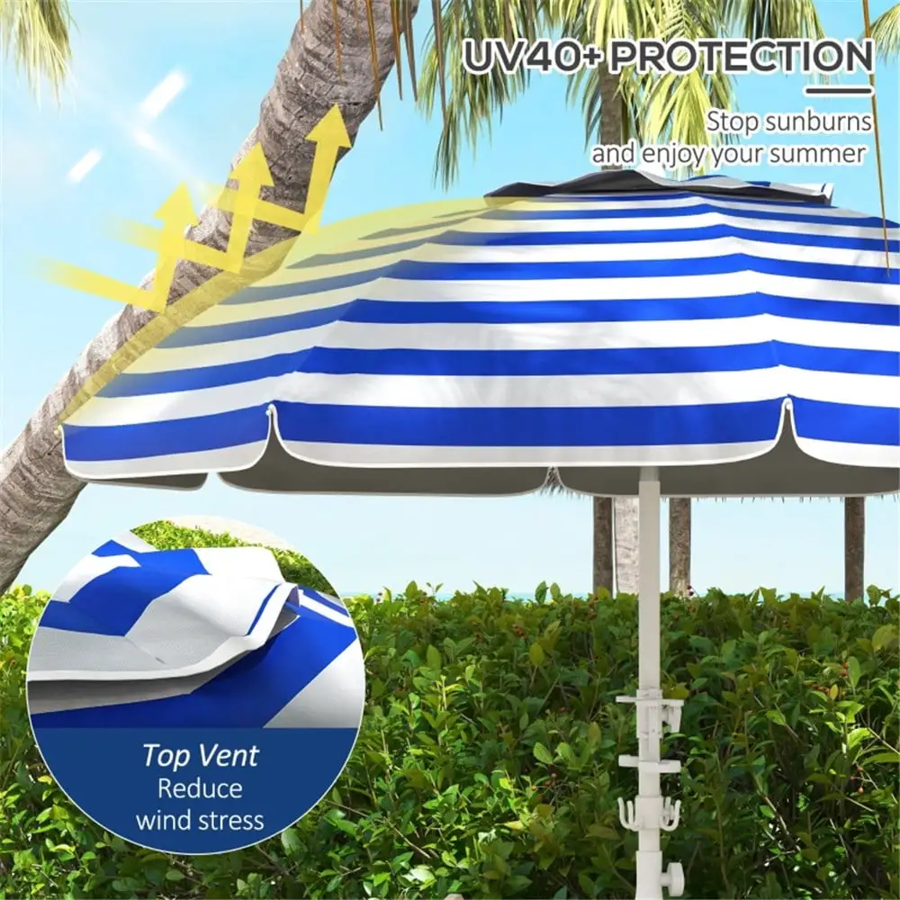 Height Adjustable Beach Umbrella with Cup Holders and Hooks. UV 40+ Protection Outdoor Sunshade with Umbrellas Carry Bag for Patio Garden Pool Backyard. Blue White Stripe