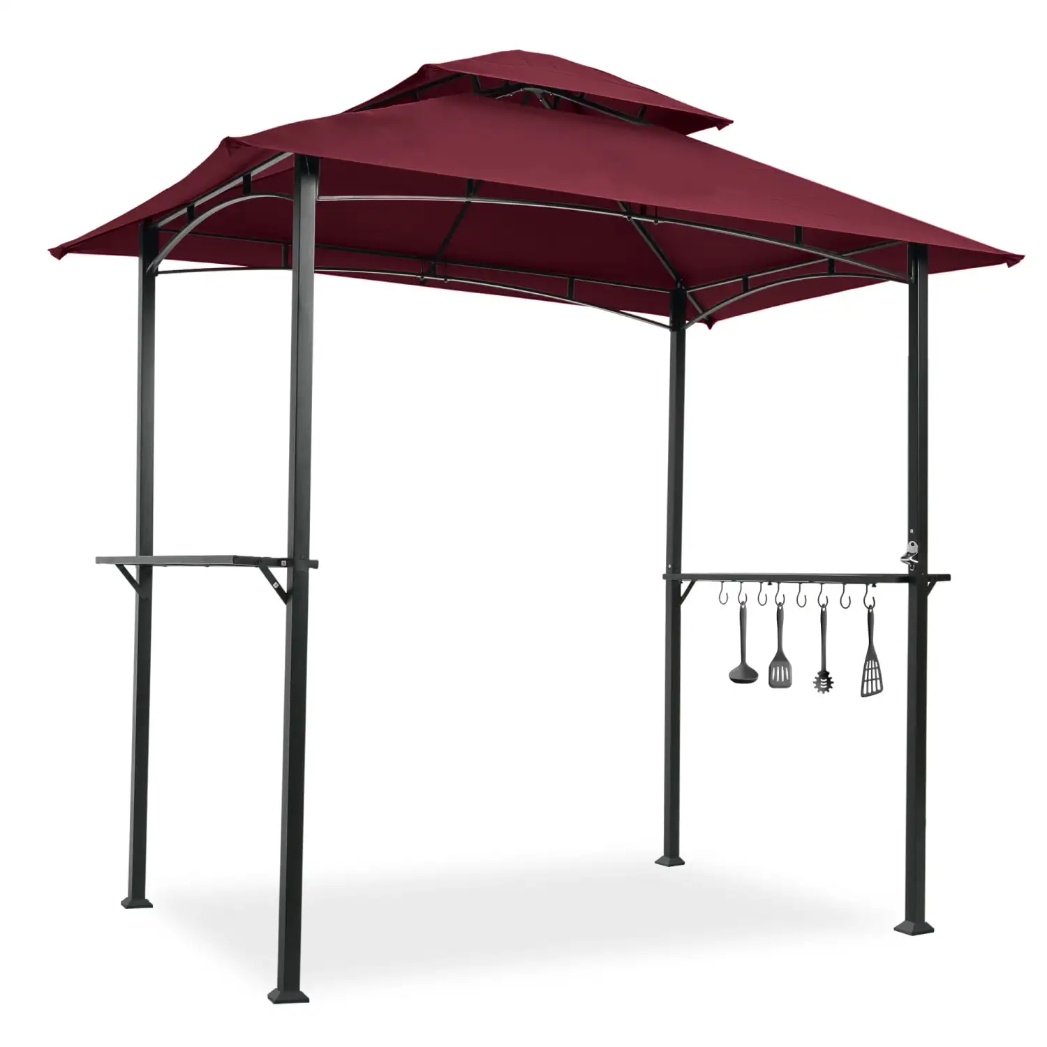 High Quality and Stylish Outdoor Living Space Solution: Burgundy Double Tier Soft Top Canopy Outdoor Grill Gazebo with Steel Frame Shelter Tent Bar Counters and Hook - 8 x 5 Ft