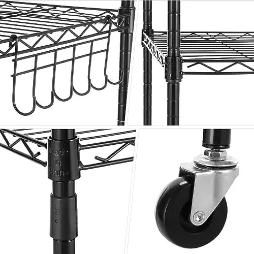 Himimi Heavy Duty 5 Tier Wire Shelving Unit on Wheels. Garage Storage Rack. Metal Shelves for Storage. Steel Shelf with Wheels. Rolling Shelving for Kitchen. Pantry. and More. Easy Assembly. Black