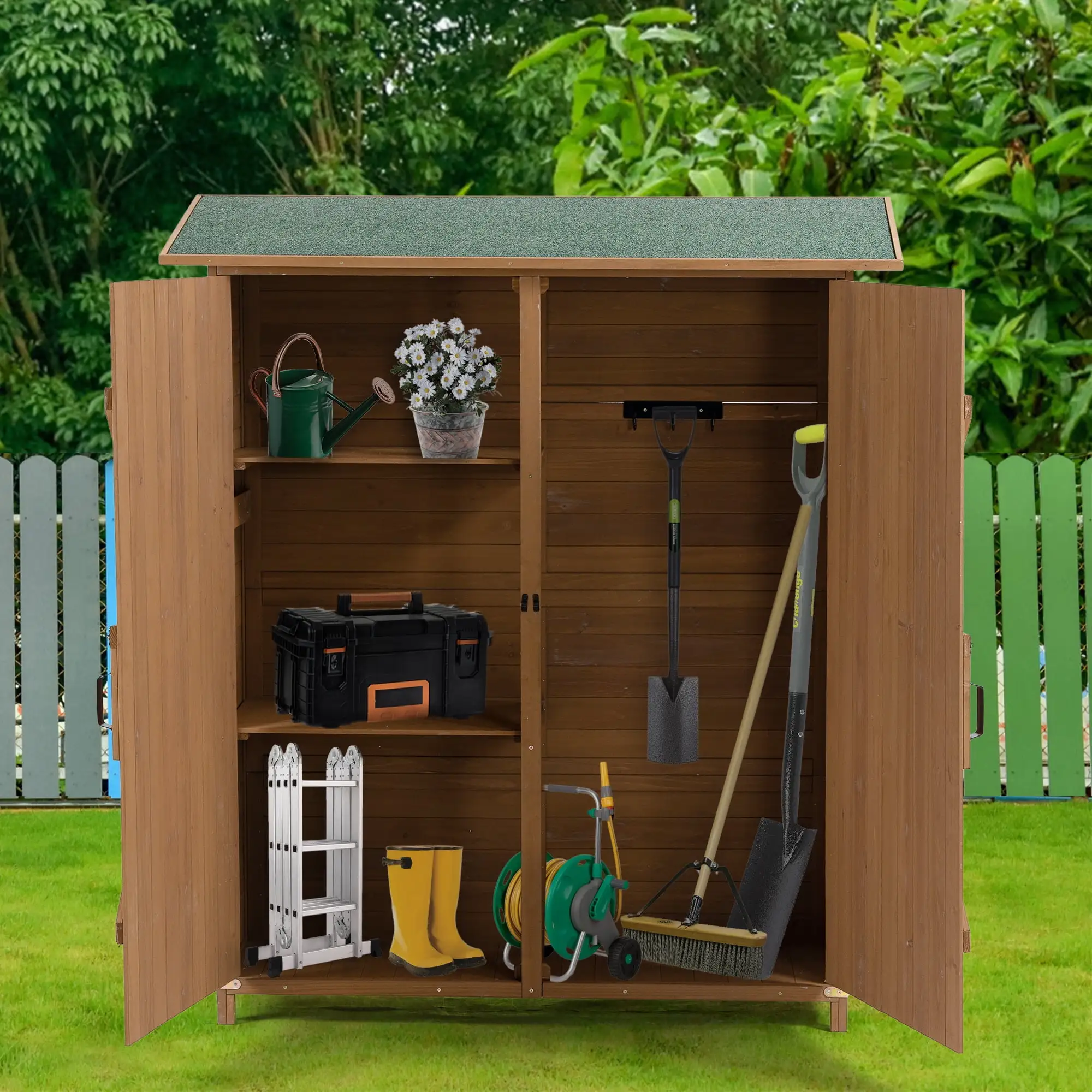 Historyli Go5H Outdoor Storage Shed. Wooden Tool Storage Shed With Lockable Double Door. Detachable Shelves And Tilted Roof For Outdoor Garden (56Lx19.5Wx64H)