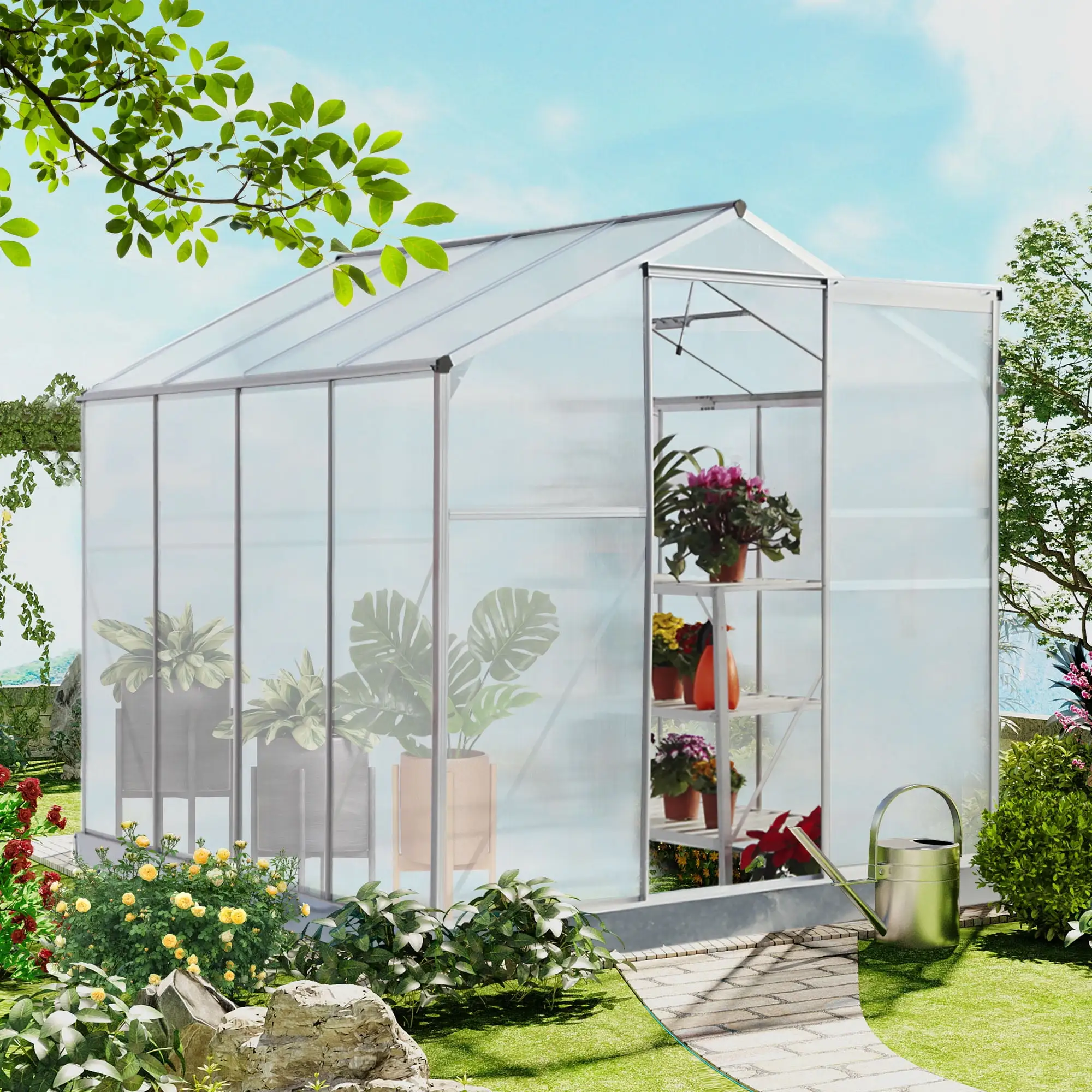 Holaki 6' x 8' Polycarbonate/Aluminum Walk-In Greenhouse with Roof Vent for Outdoors Gardening Canopy Plants Shed. Silver