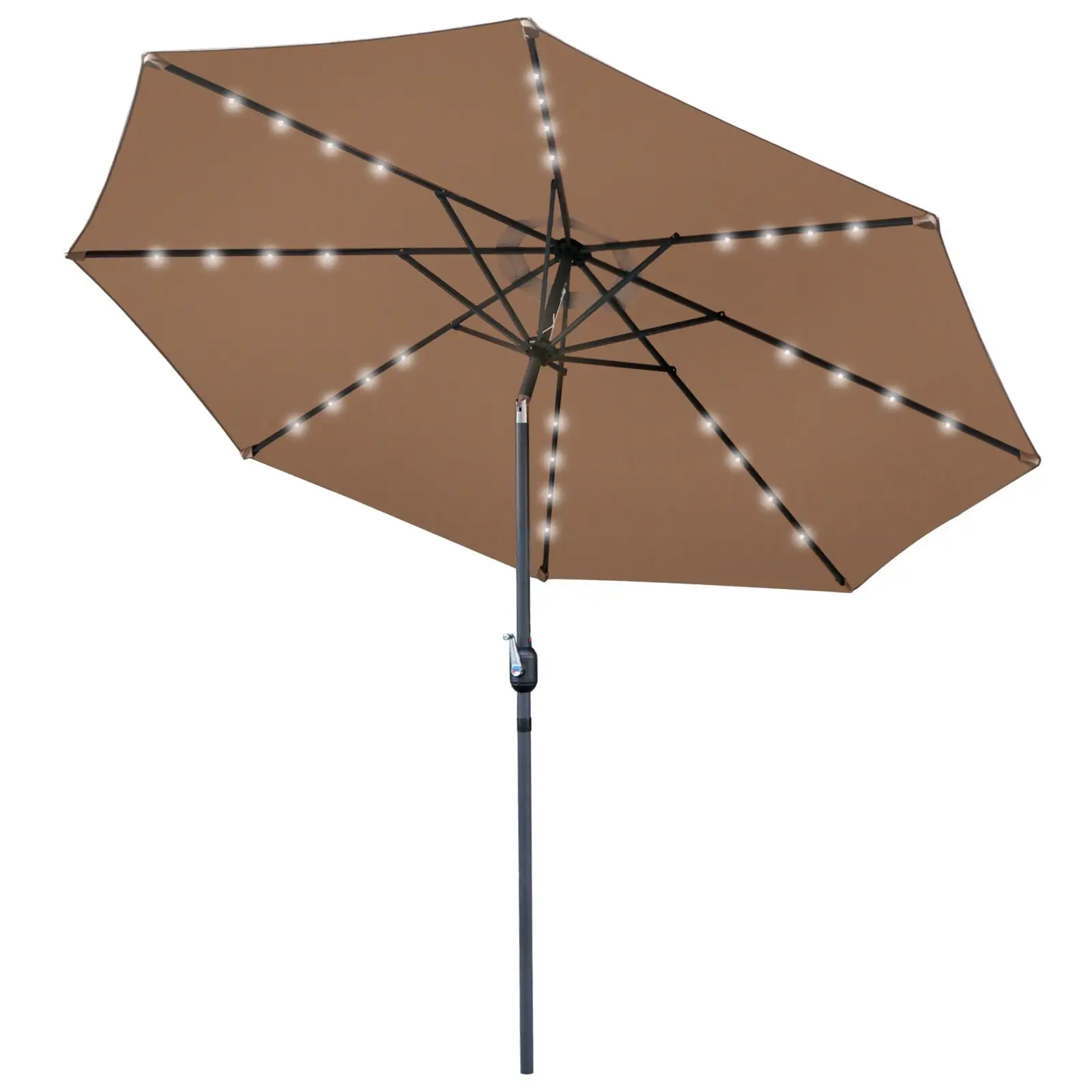 HomGarden 10FT Outdoor Solar Patio Umbrella. 32LED Lighted. 8 Aluminum Ribs W/Tile & Crank. Beige