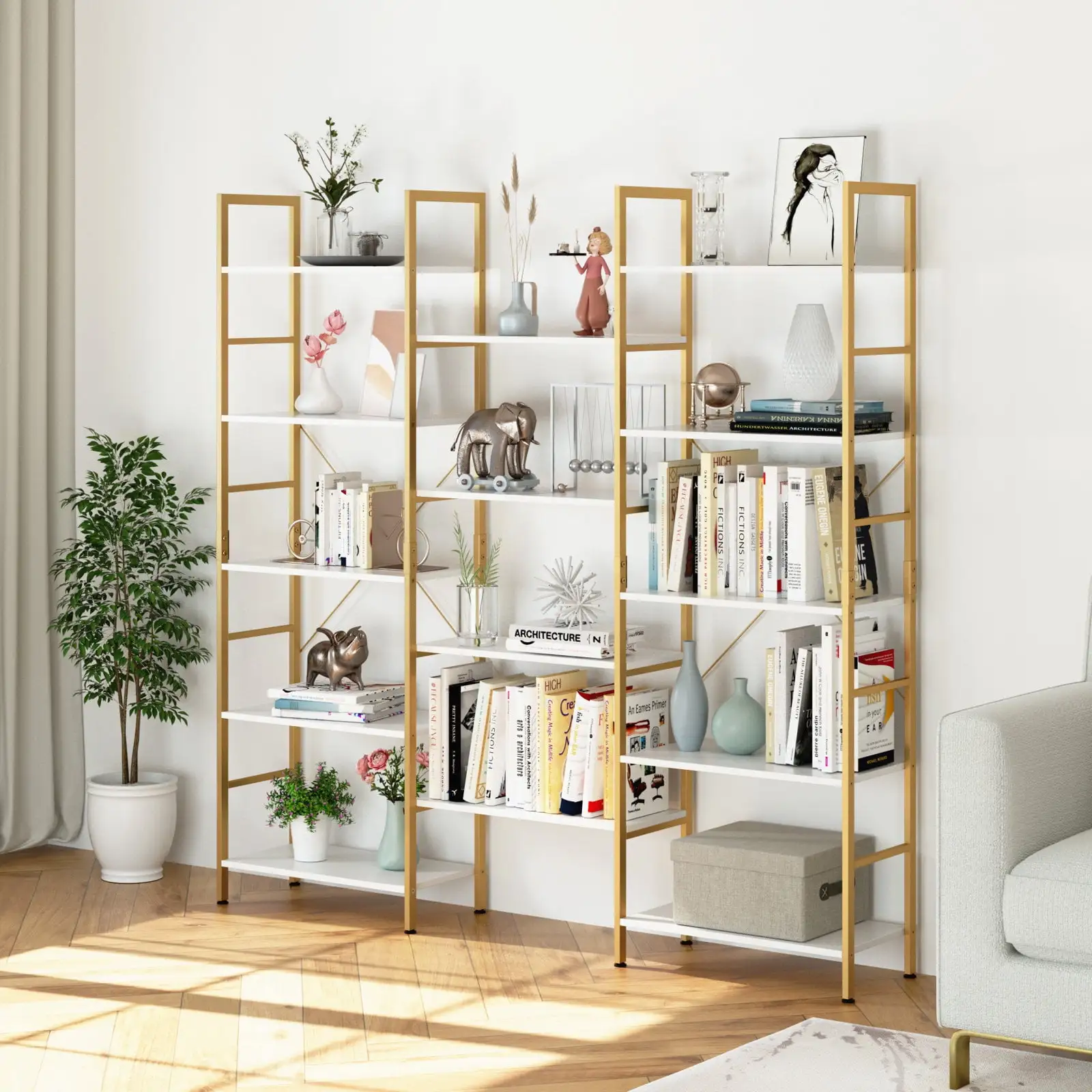 Homfa 5-Tier Gold and White Bookshelf. Triple Wide Open Display Shelf. Large Storage Bookcase with Metal Frame