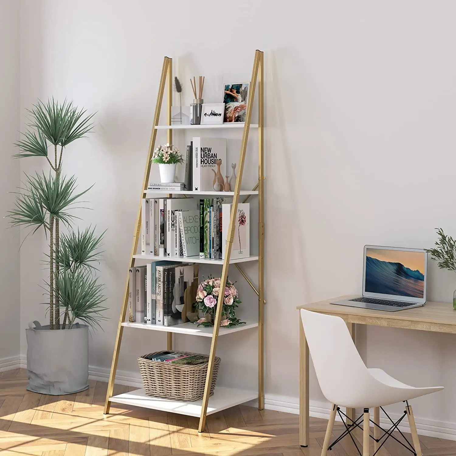 Homfa 5 Tier Ladder Bookshelf. Standing Metal Rack for Kitchen Ladder Shelf Organizer Living Room Garage Office Small Spaces. White & Gold