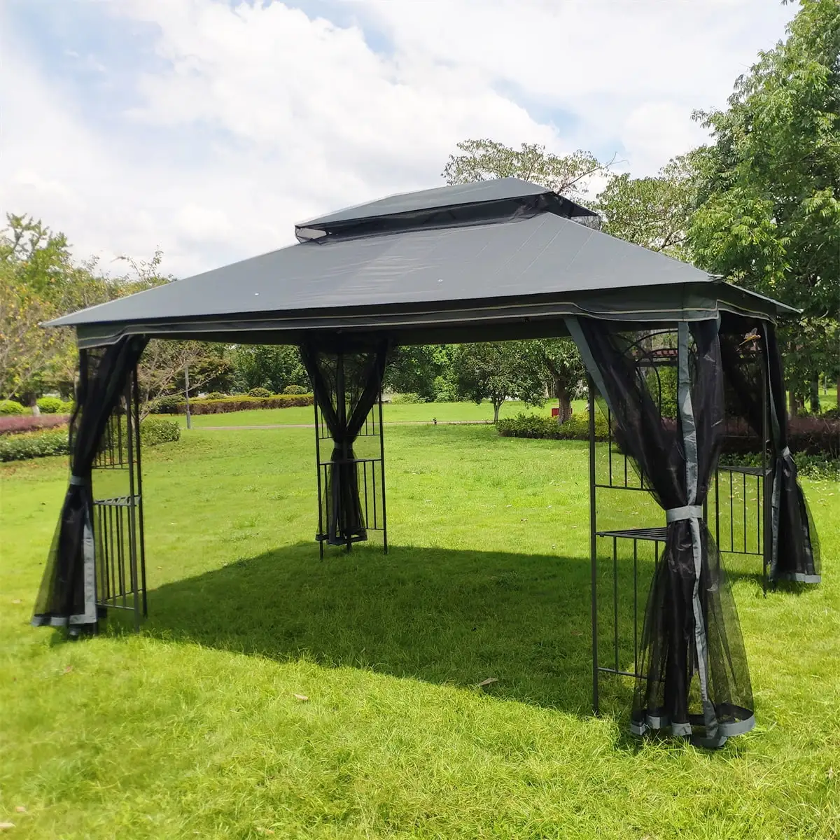 Hommoo 13x10ft Gazebo Canopy. Double Roof Gazebo for Shade and Rain Protection. Gray