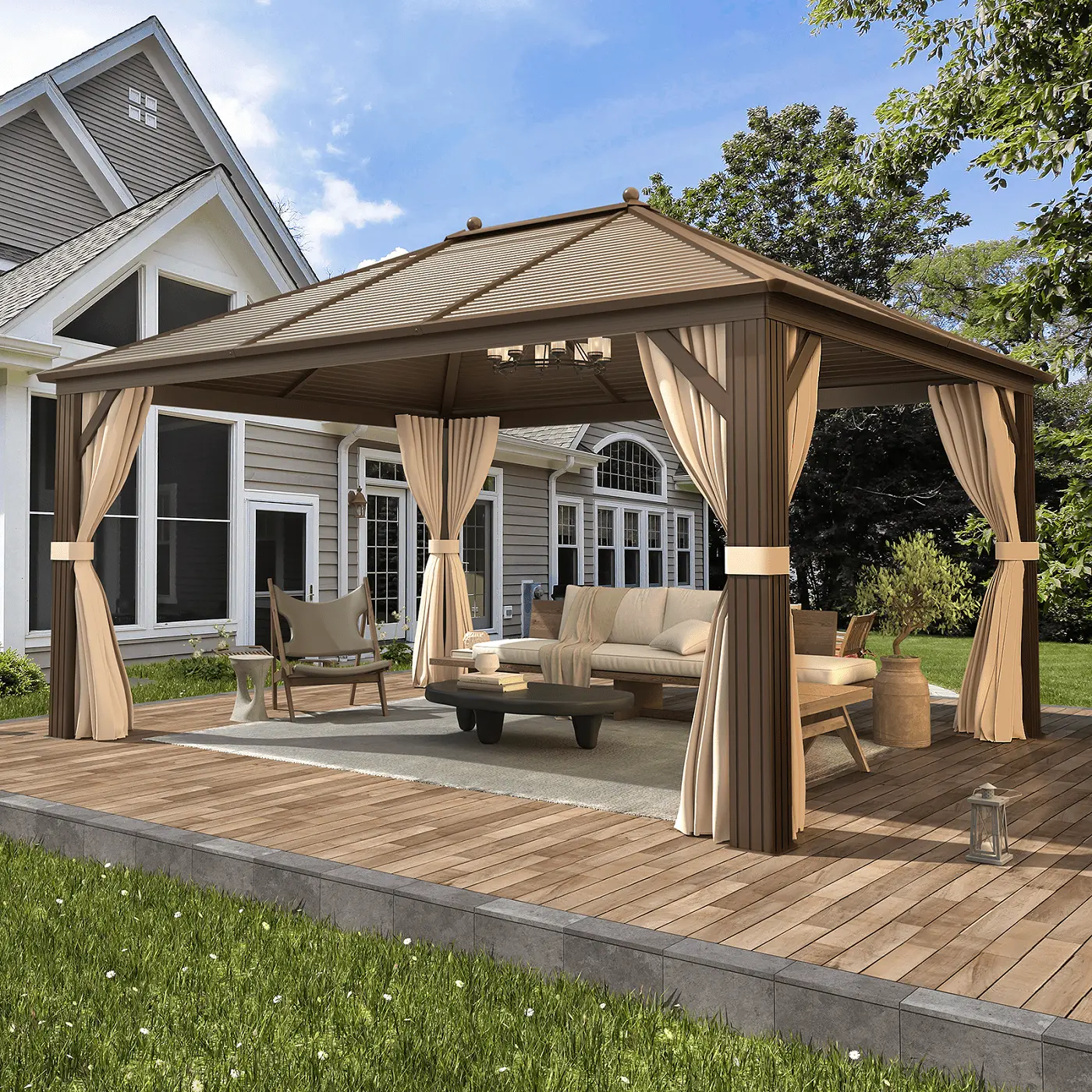 Hommow 10' X 13' Hardtop Gazebo. Galvanized Steel Metal Roof Gazebo. Permanent Pavilion Gazebo with Aluminum Frame for Patios. Gardens. Lawns