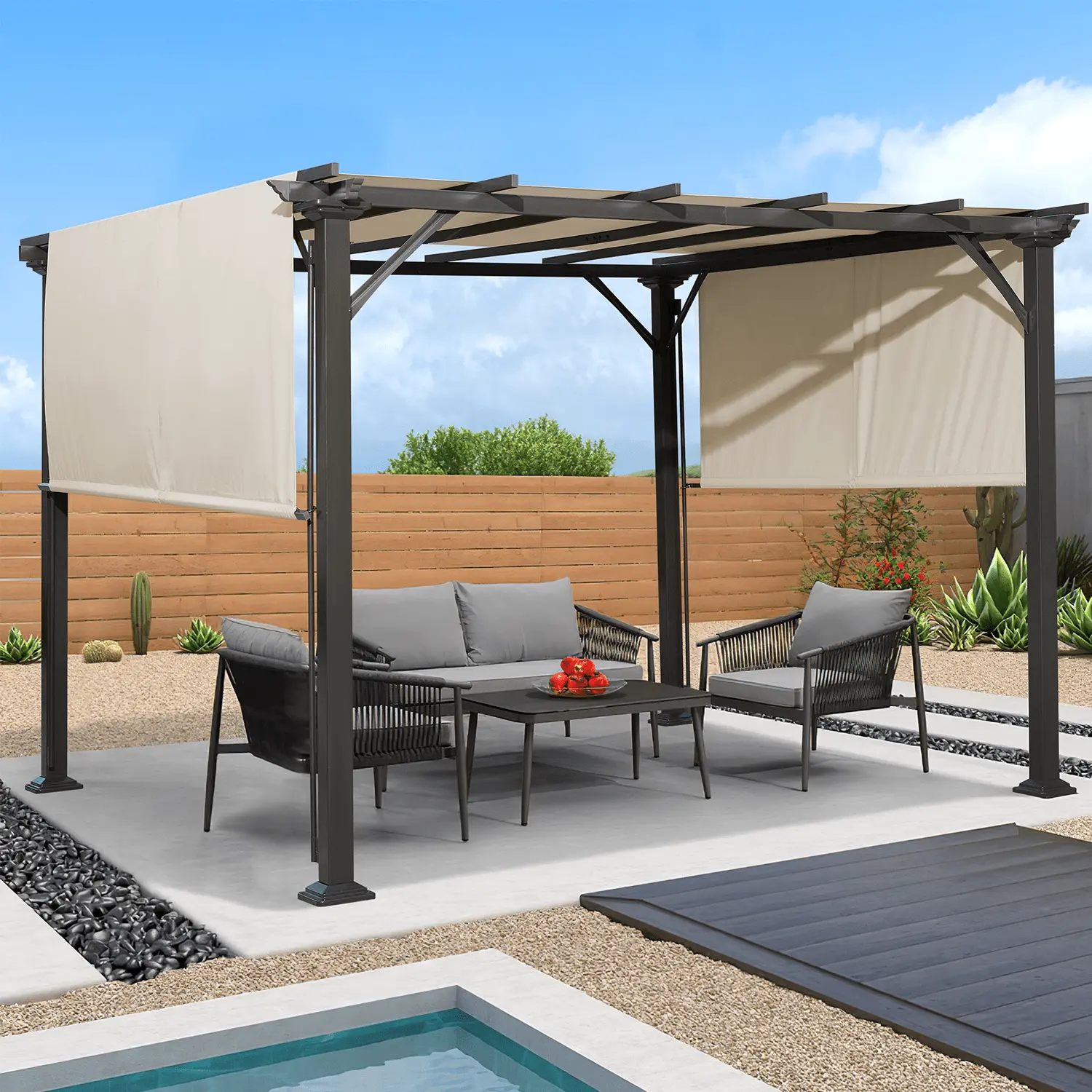 Hommow 10' x 10' Outdoor Pergola Metal Pergolas with Retractable Canopy for Garden Patio Backyard.White