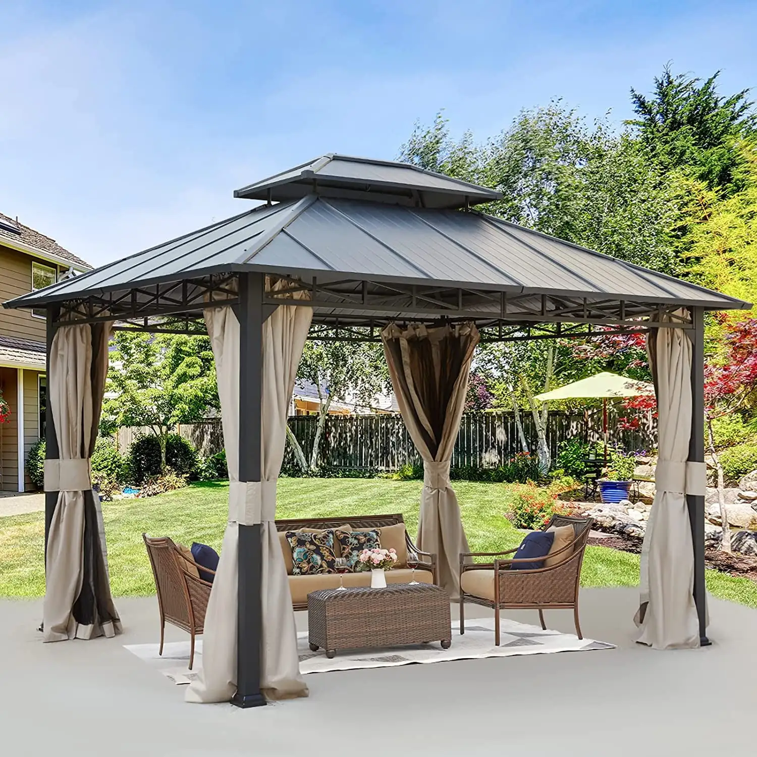 Hommow 10' x 12' Hardtop Patio Gazebo with Double Metal Roof Aluminum Frame for Backyard. Lawn and Garden