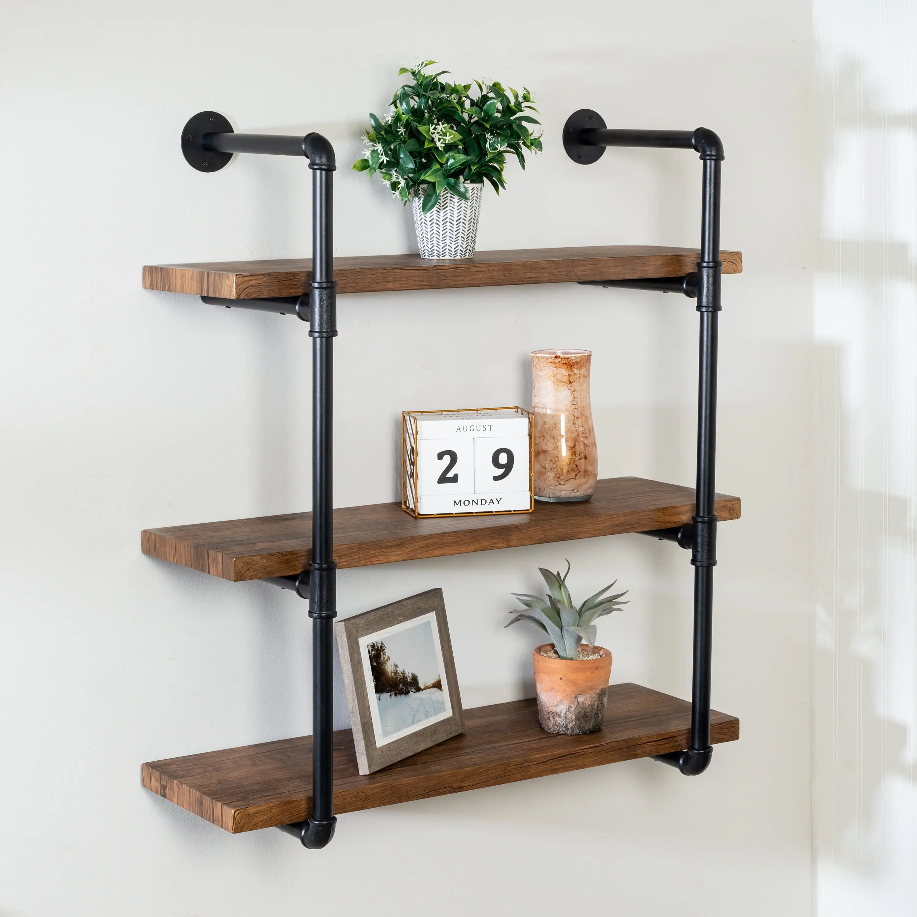 Honey-Can-Do 3-Shelf Industrial Steel and MDF Wall Shelf. Black/Rustic