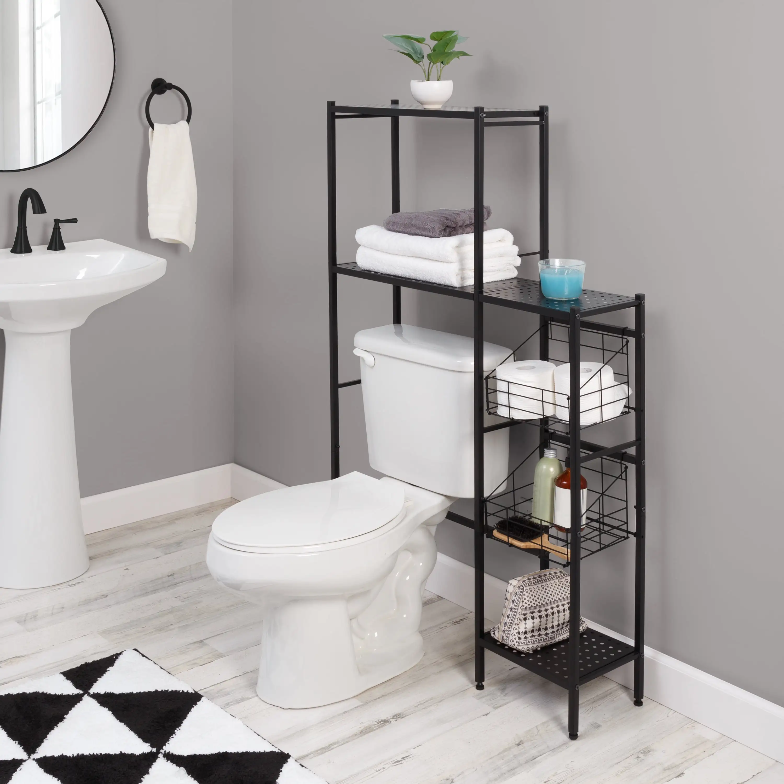 Honey-Can-Do 3-Shelf Steel Over-the-Toilet Space Saver with Side Shelves and 2 Baskets. Black