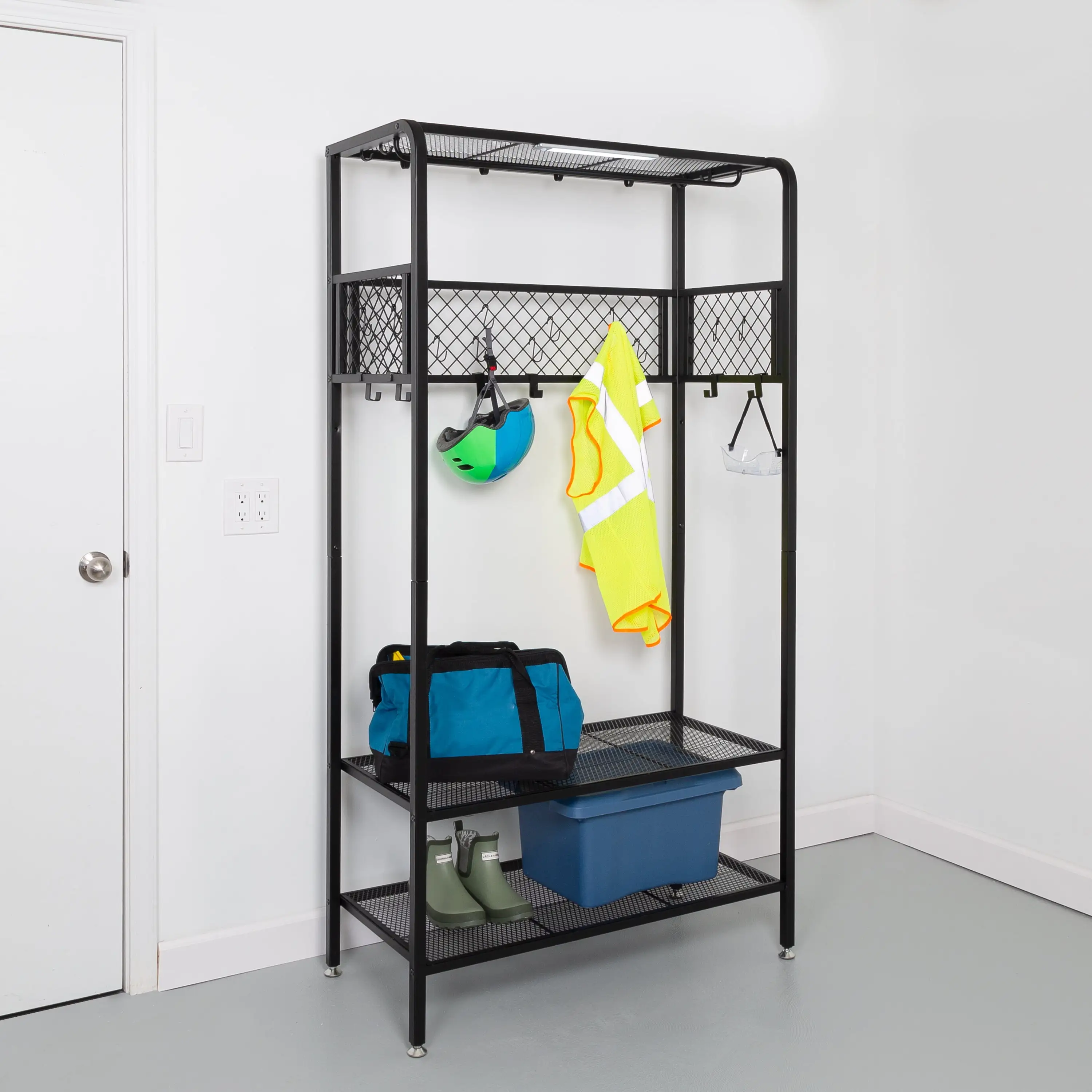 Honey-Can-Do 3-Shelf Steel Storage Shelves with Hanging Bar. Hooks. and Light. Black. Holds up to 75 lb per Shelf