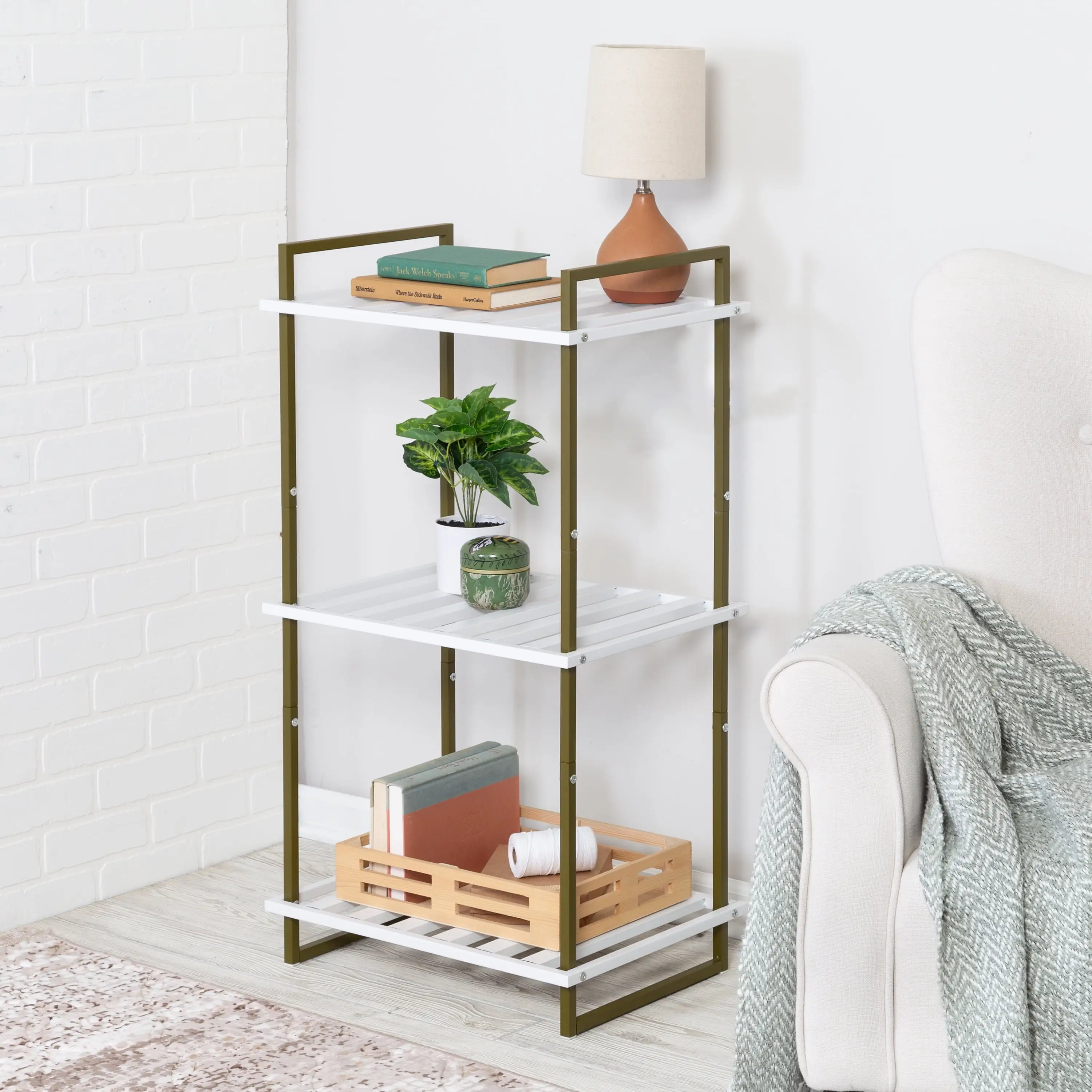 Honey Can Do 3-Tier Tubular Metal Shelf. Olive and White