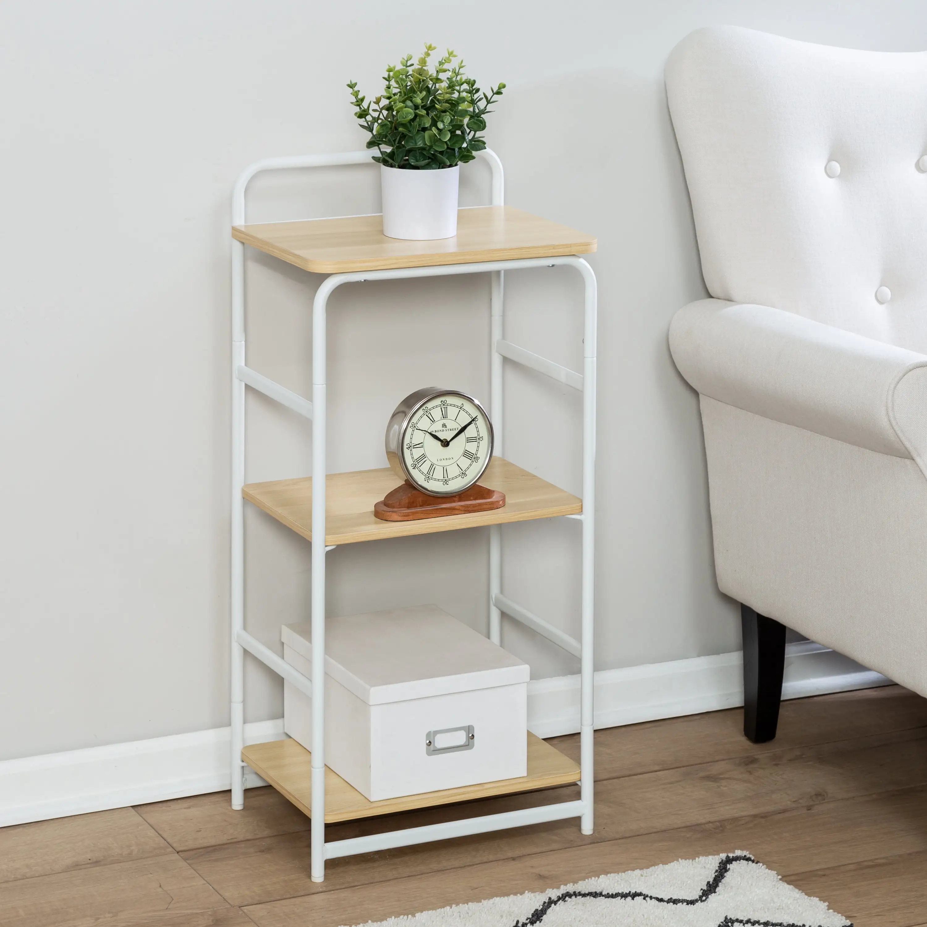 Honey Can Do 3-Tier Wood and Metal Small Shelf. White & Natural