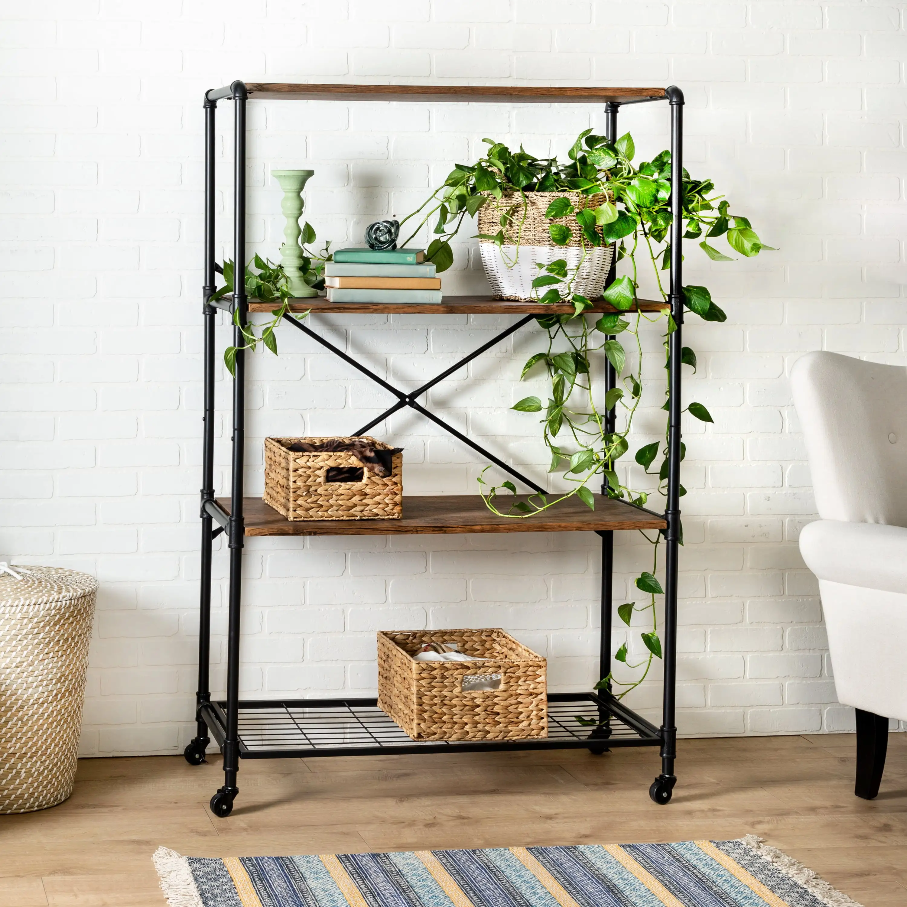 Honey-Can-Do 4-Shelf Steel and MDF Rolling Storage Bookshelf. Black/Rustic Brown. Holds up to 50 lb per Shelf