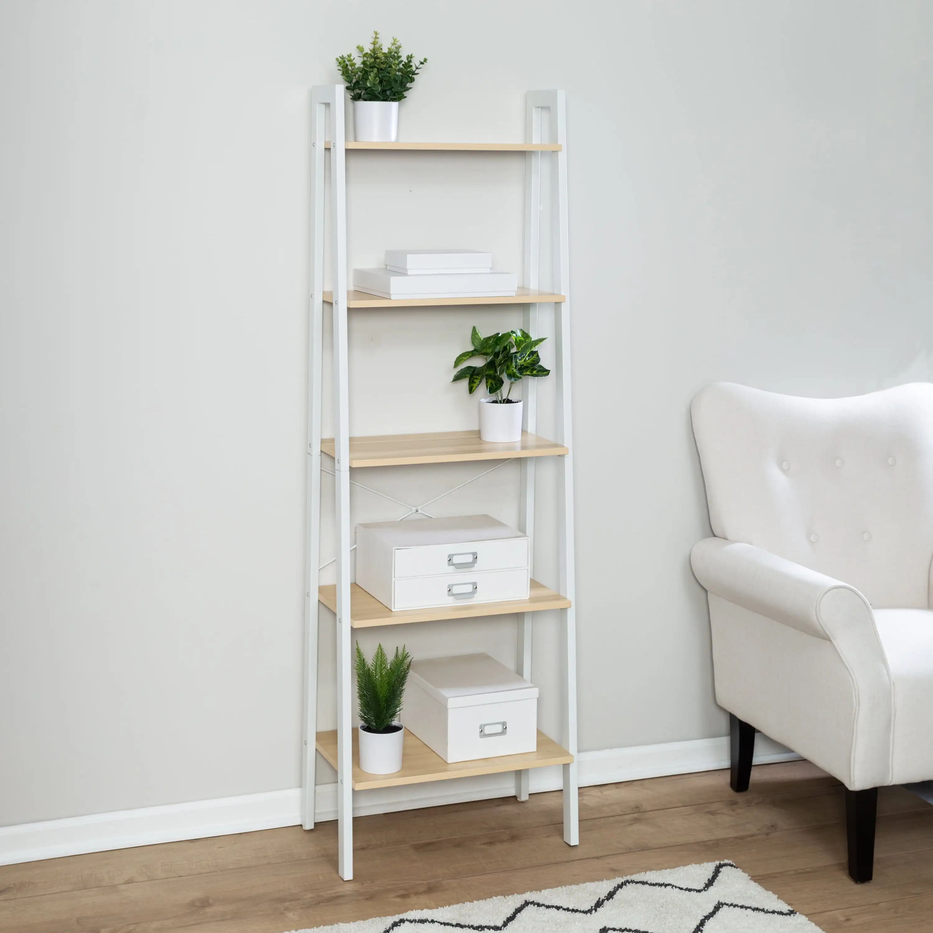 Honey-Can-Do 5-Shelf MDF and Steel A-Frame Ladder Storage Shelves. White/Natural. Holds up to 10 lb per Shelf