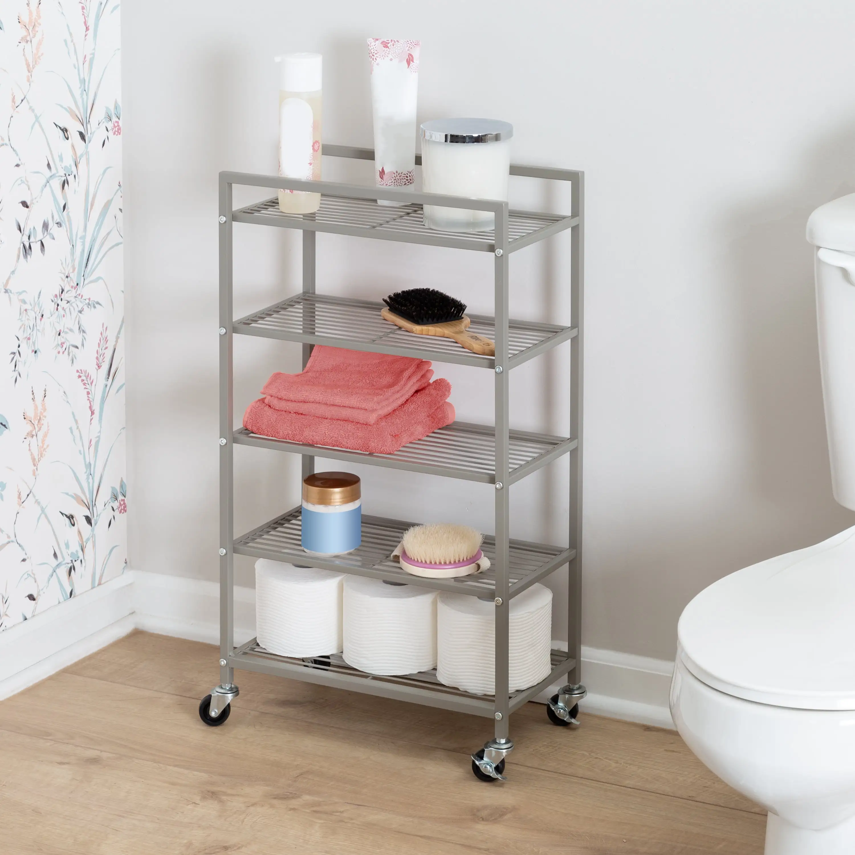 Honey-Can-Do 5-Tier Steel Rolling Bathroom Storage Cart. Satin Nickel