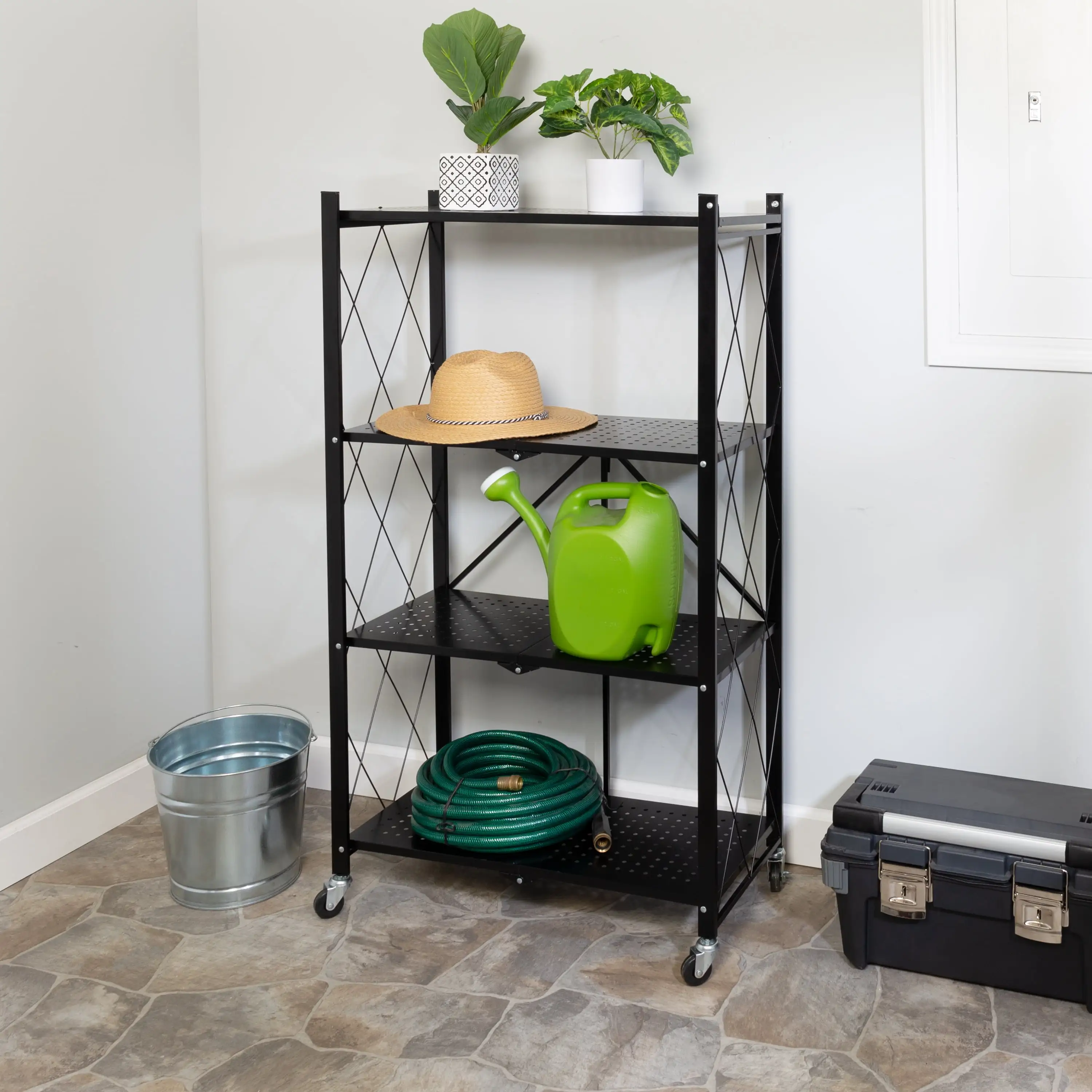 Honey-Can-Do Wheeled 4-Shelf Steel Folding Storage Shelves. Black. Holds up to 75 lb per Shelf