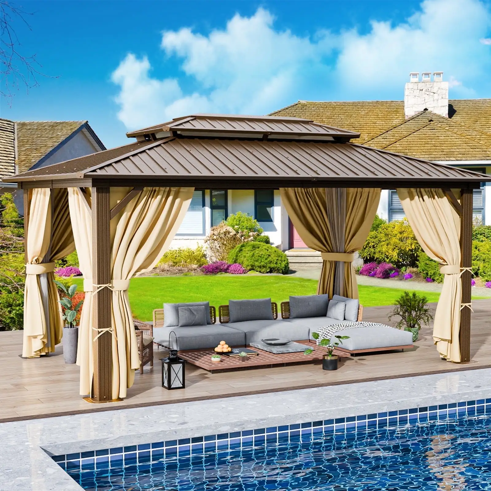 Hoteel 10' X 12' Hardtop Gazebo Heavy Duty Outdoor Gazebo with Galvanized Steel Double Roof. Flame-Retardant Curtains and Netting. Permanent Gazebo for Patio. Lawn and Backyard. Brown