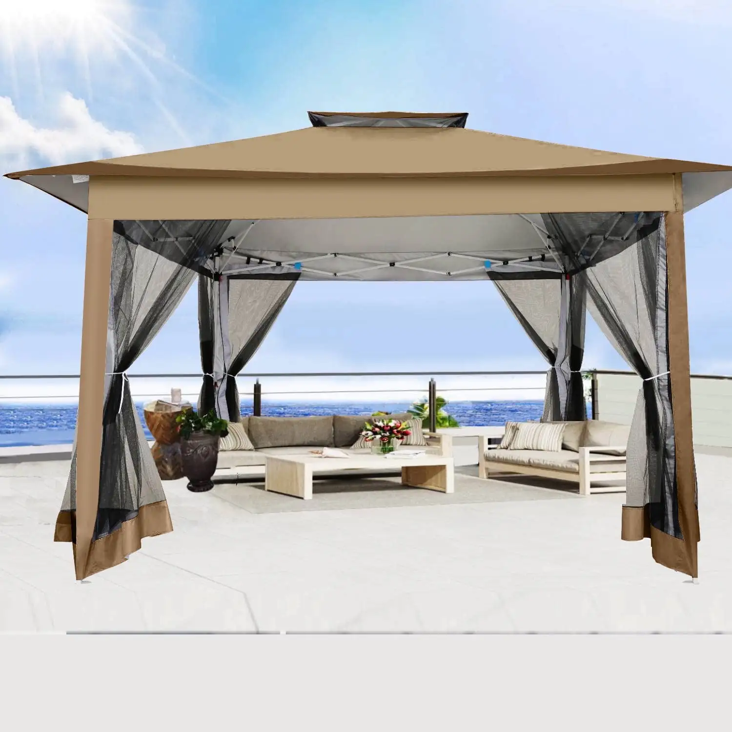 Hoteel 12' x 12' Adjustable Height Pop-up Gazebo Tent Fully Waterproof Instant Outdoor Canopy Folding Shelter with 6 Mosquito Nettings. Double Roofs. Privacy Screens for Backyard. Garden. Lawn. Brown