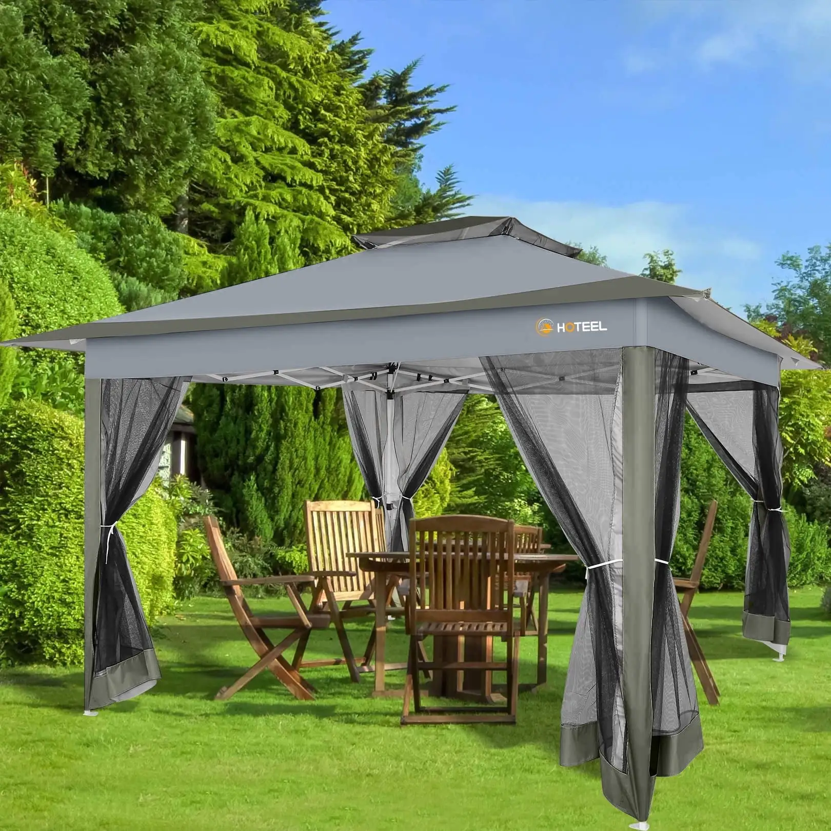 Hoteel 12'x12' HOME Outdoor Pop-up Patio Gazebo with Expansion Bolts. Heavy Duty Party Tent & Shelter with Double Roofs. Mosquito Nettings and Privacy Screens for Backyard. Garden. Lawn. Gray