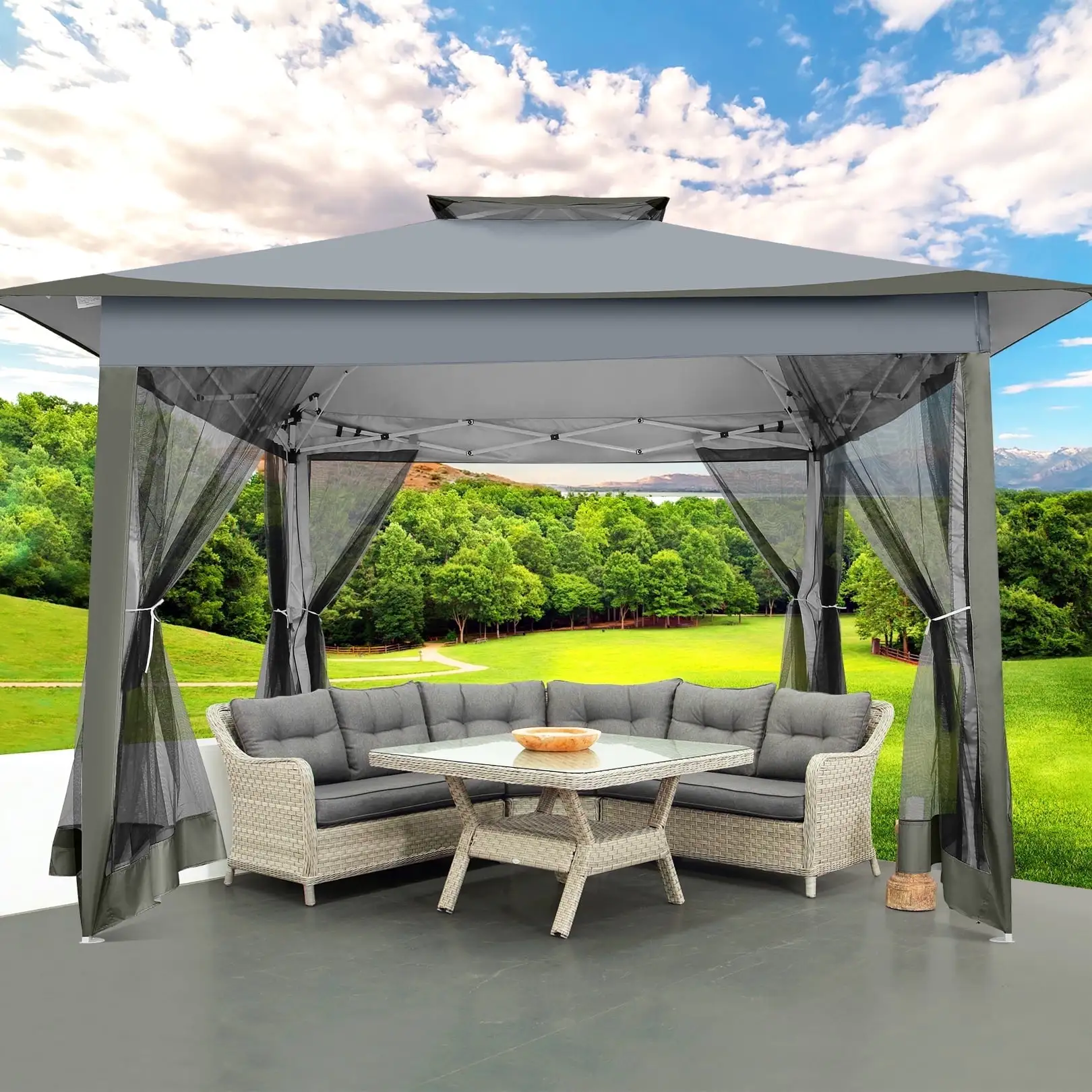 Hoteel 12'x12' Pop Up Gazebo Patio Outdoor Canopy Tent with 8 Mosquito Nettings. Adjustable Height and 144 Square ft of Shade for Garden. Party. Backyard with Vented Top. Storage Bag. Sandbags. Silver