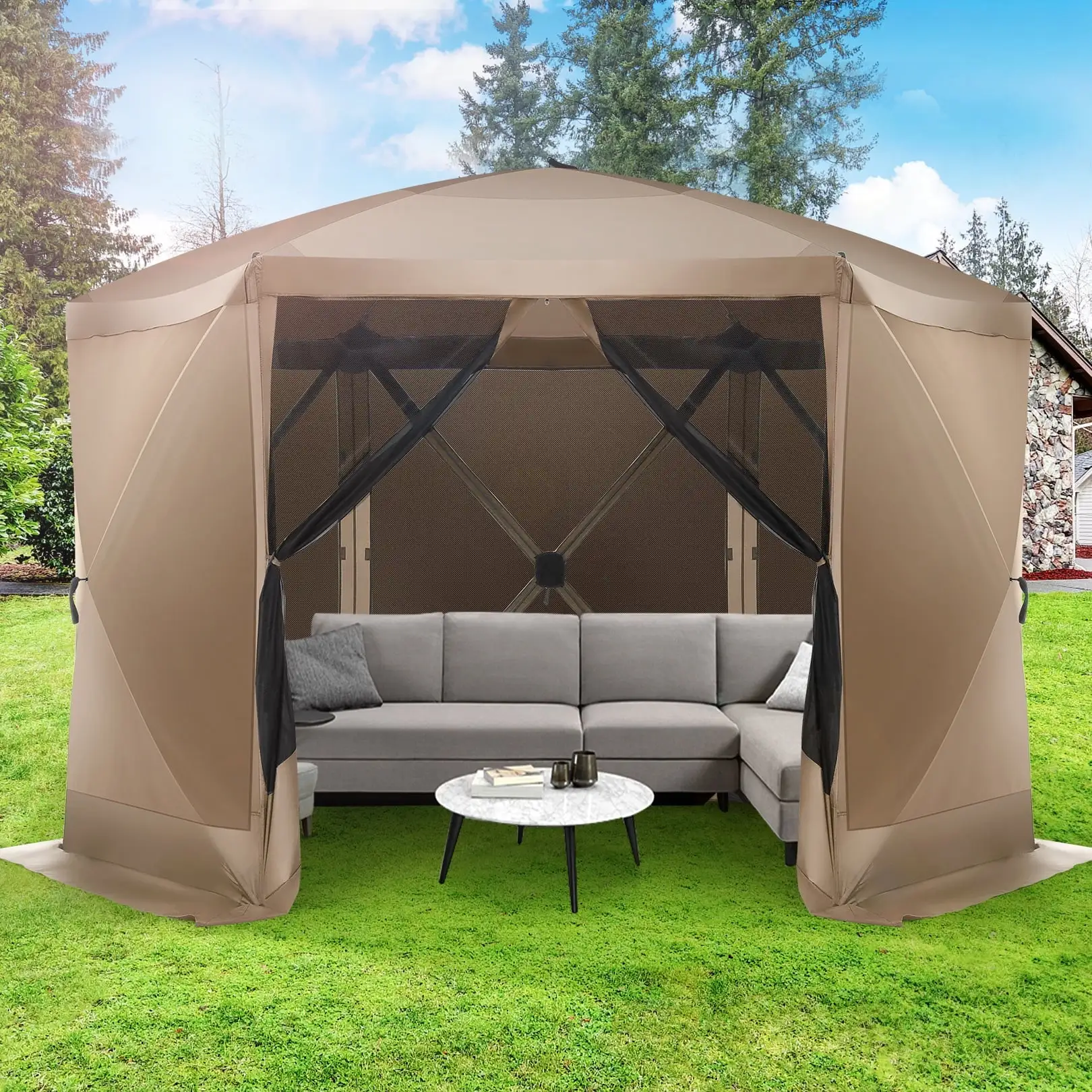 Hoteel 12x12 Outdoor Pop Up Gazebo Tents. Portable Hub Gazebo Screen Canopy Tent with 6 Mosquito Nettings. Sidewalls. Wind Panels for Shade and Rain for Lawn. Garden. Backyard & Deck. Khaki