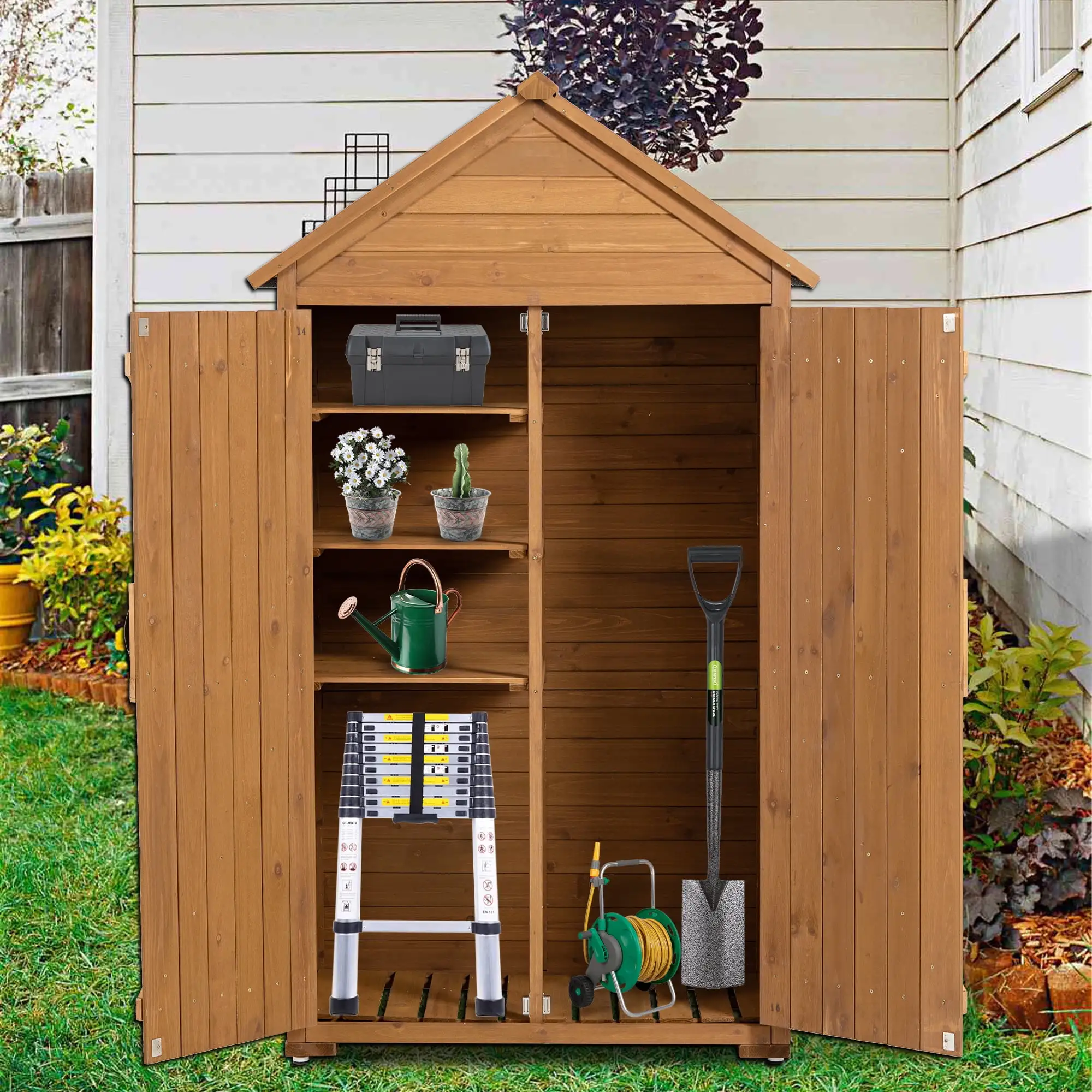 Huloretions Outside Wooden Storage Shed Closet Storage Cabinet .With Shelves Garden Wood Tool Shed For Outdoor Yard. Patio. Deck. Porch