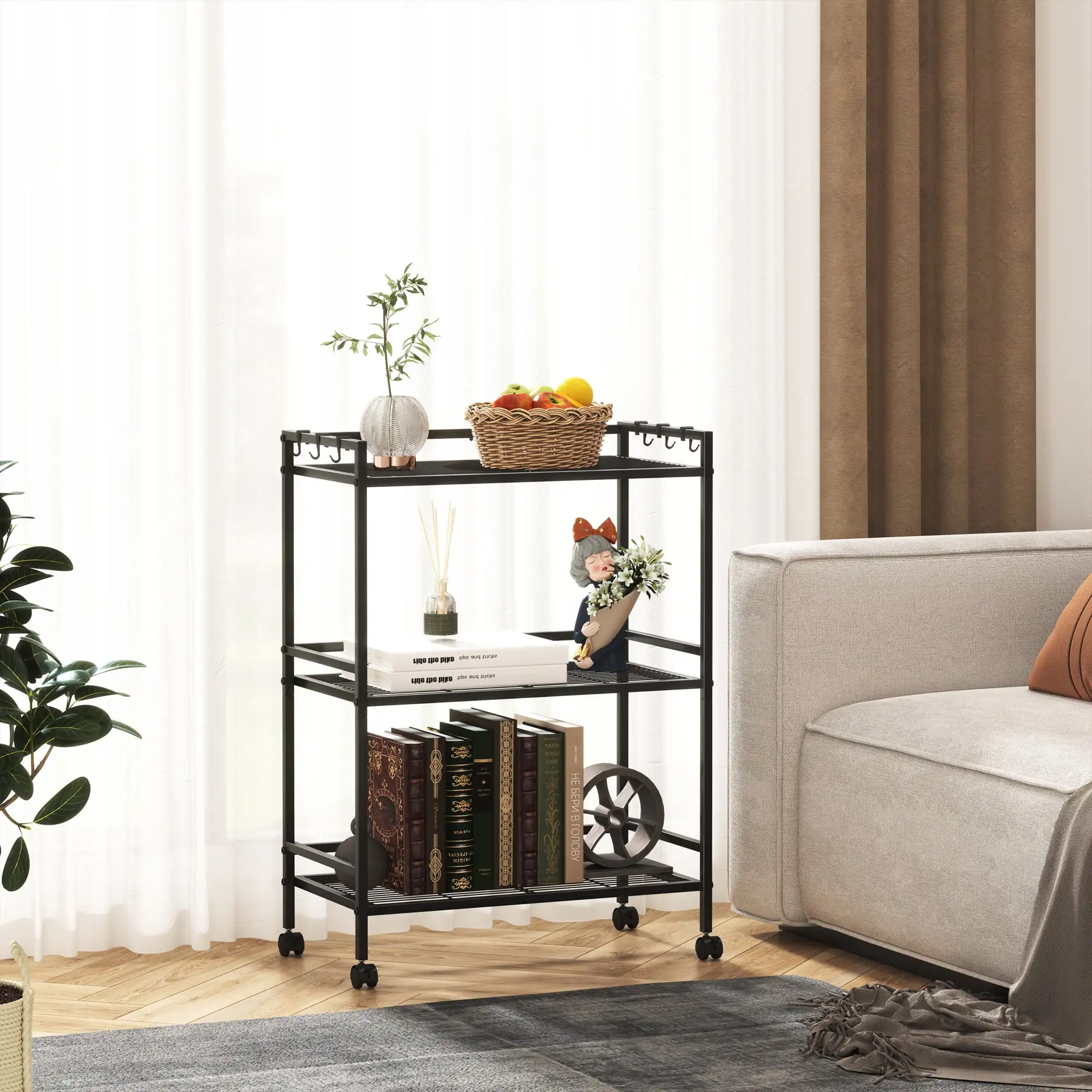 Hzuaneri 3-Tier Storage Racks with 4 Wheels. Metal Standing Shelf Units with 6 Hooks. Black SS02801BV1