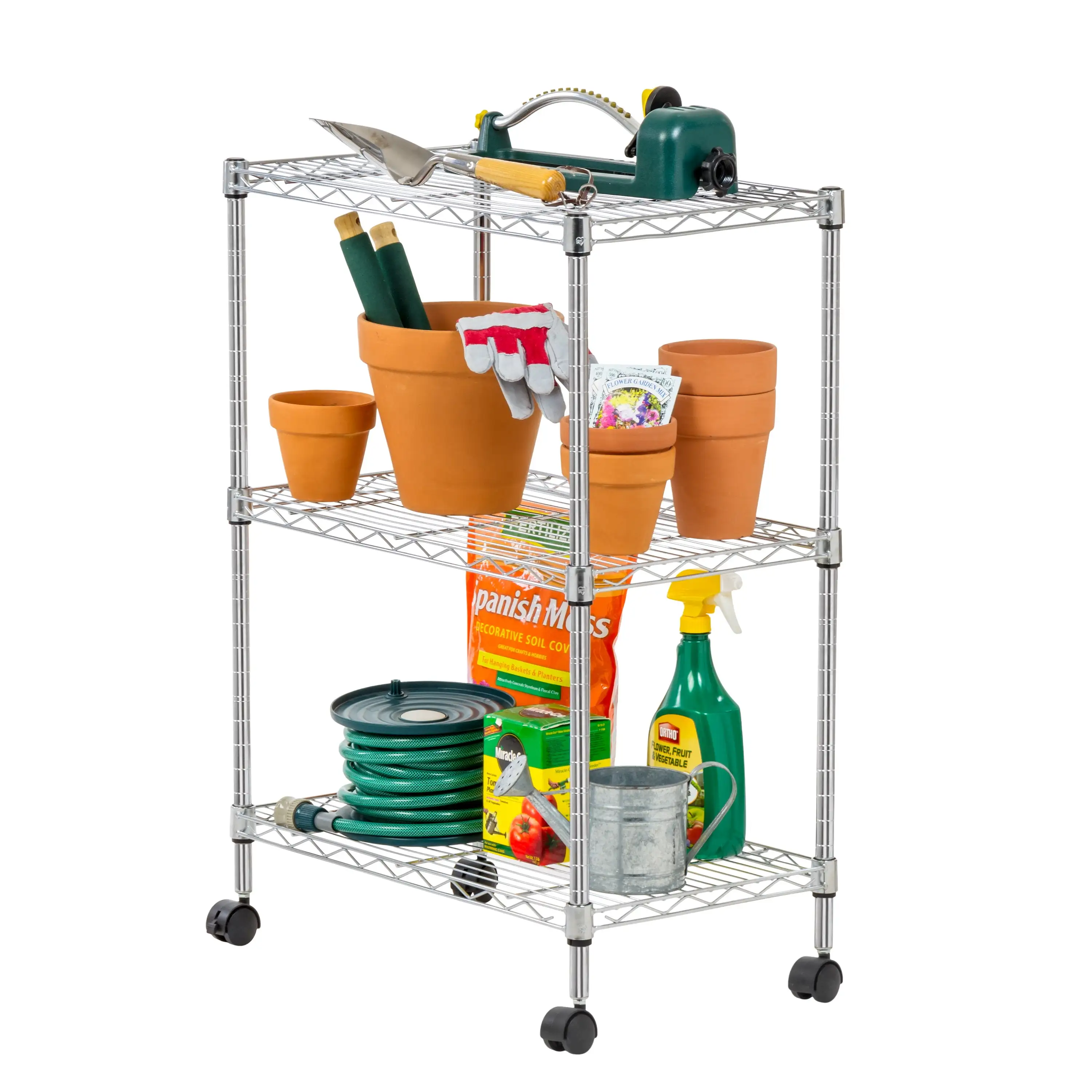 IRIS USA 3-Tier Metal Wire Shelf Storage Unit with Casters Wheels. Silver