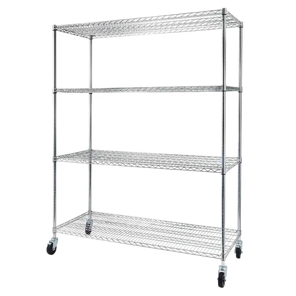 IVV 4-Tier Metal Storage Shelf Adjustable Steel Wire Shelving Rack with 4 Wheels. Silver