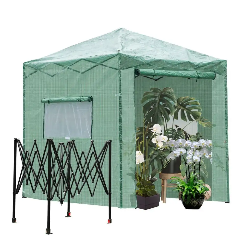 IVV 8x6Ft Portable Walk-in Greenhouse. Pop-up Indoor Outdoor Garden Green House. Zippered Doors and Rollable Windows. PE Cover. Green