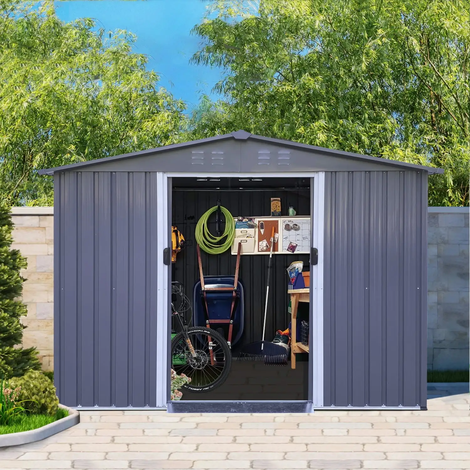 Ideal Large Spacious Grey Outdoor Metal Storage Shed with Sliding Doors - Heavy Duty Tool Shed for Bikes Lawnmowers and Tools - Air Vent for Backyard Patio and Lawn Organization