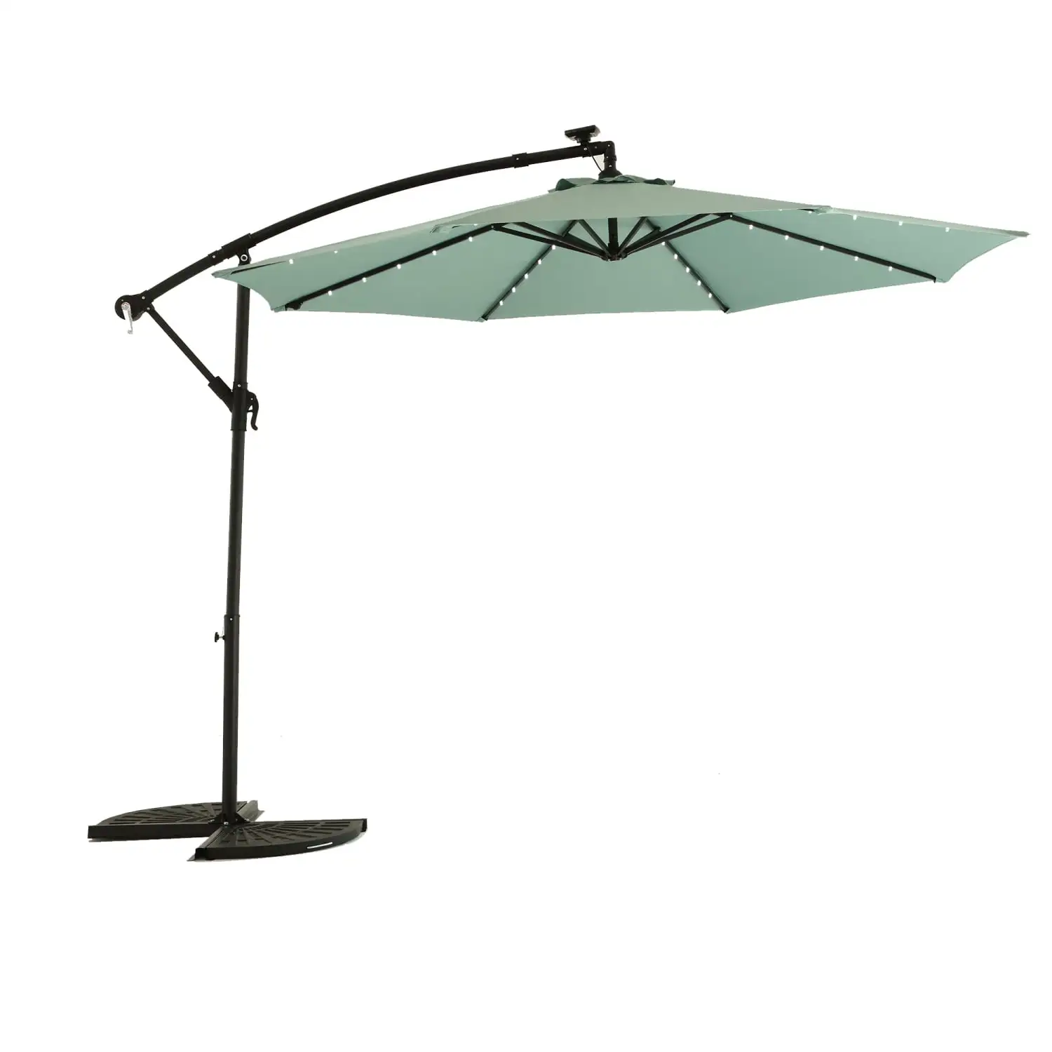 Ideal for Outdoor Use Large Light Green 10ft Solar LED Offset Hanging Market Patio Umbrella with Crank and Cross Base Perfect for Deck Garden or PoolsideAreaView full of freshness with