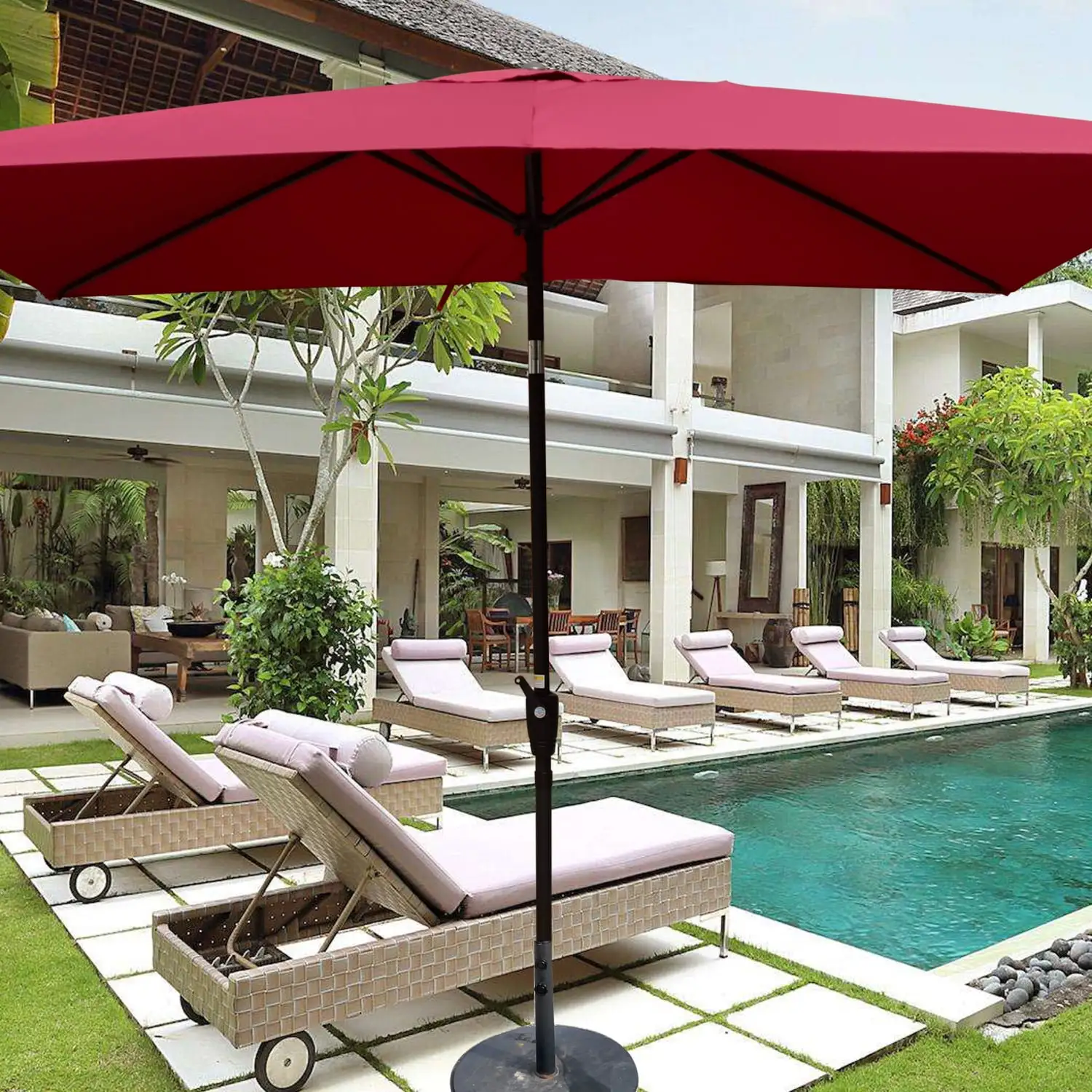 Ideal Waterproof Sturdy Outdoor Patio Umbrella with Crank and Push Button Tilt - Perfect for Garden Backyard and Pool - 6 x 9ft - Great for Swimming Pool Market