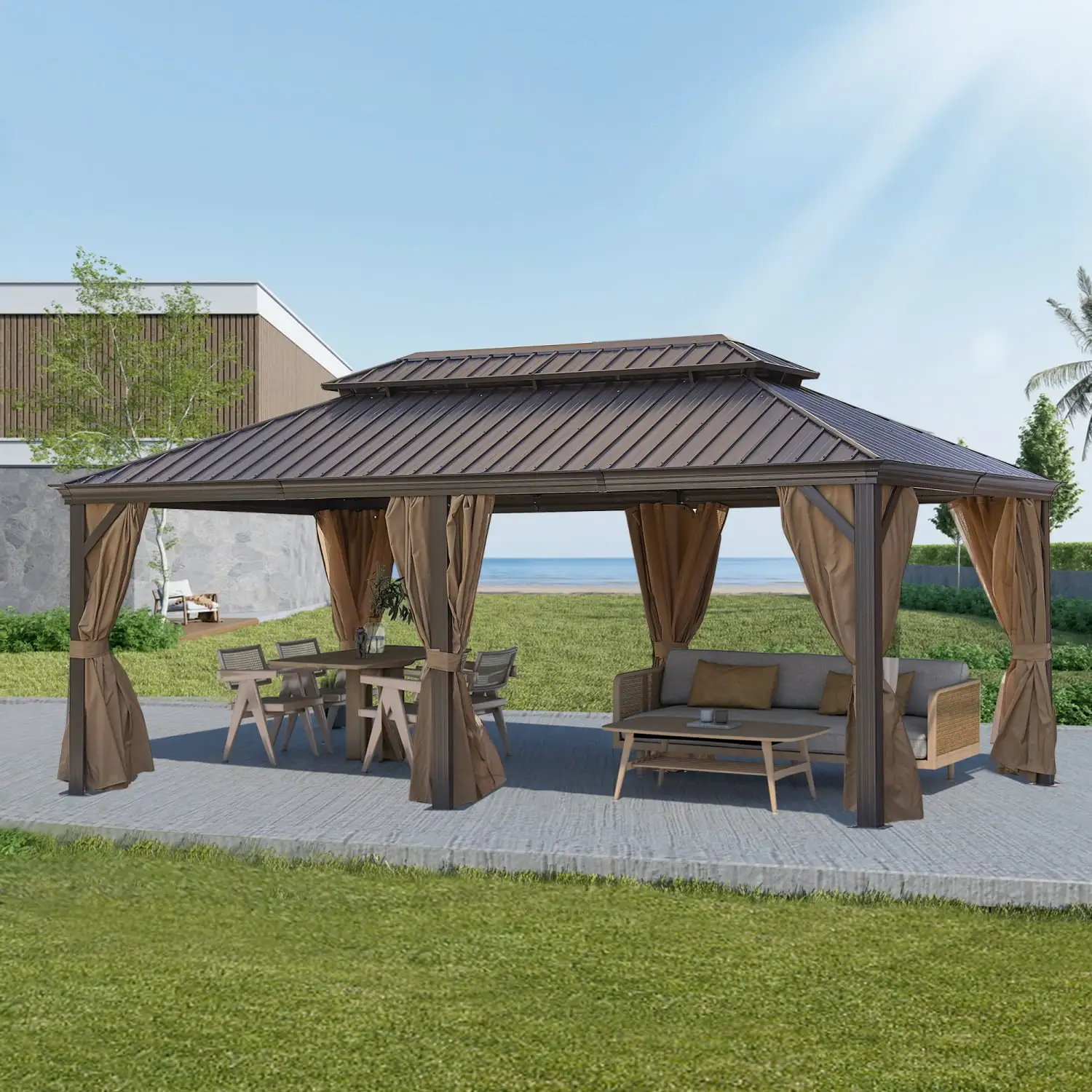 Ideal for patio garden and backyard use this sturdy and stylish 12*20FT aluminum gazebo with steel canopy is perfect for outdoor living spaces.