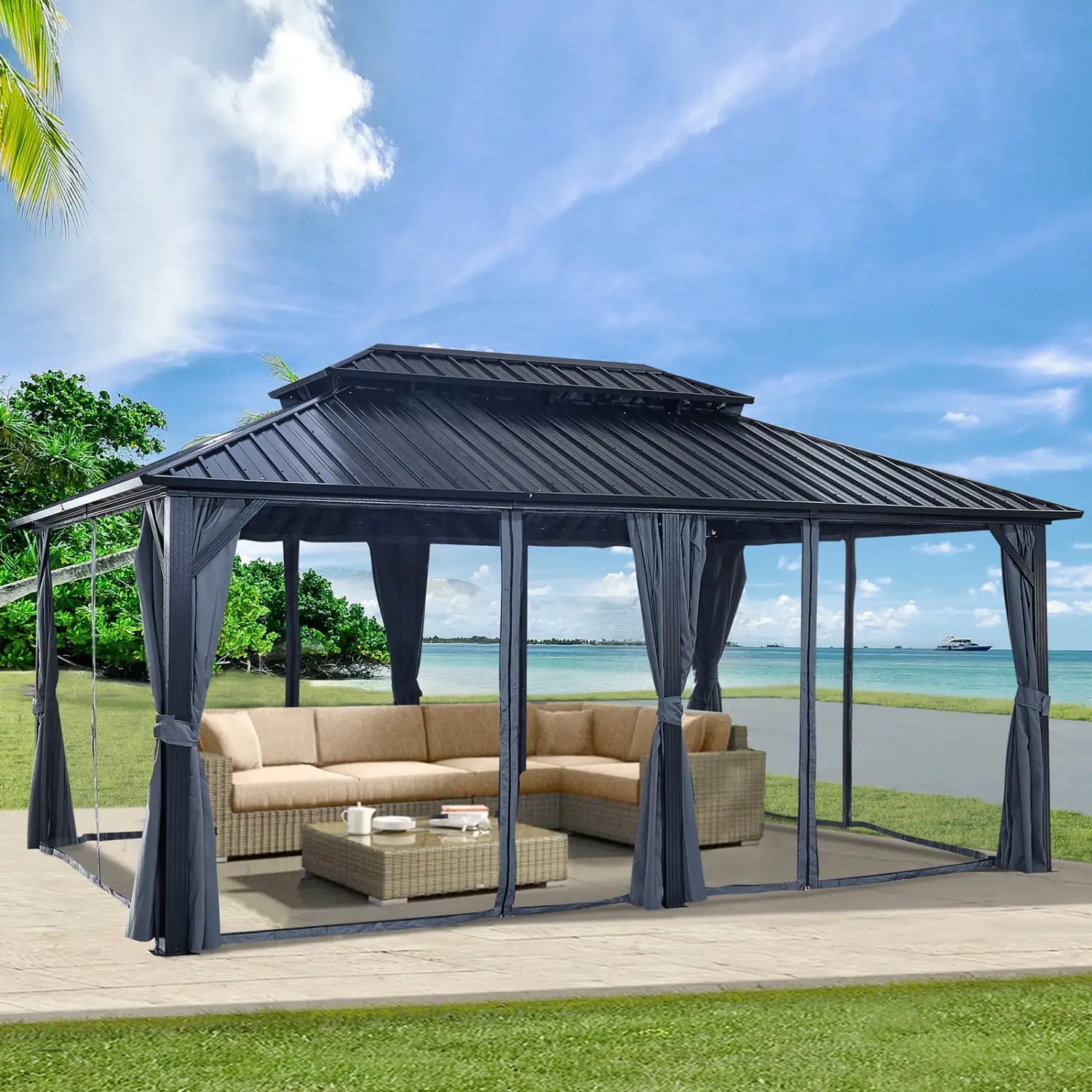 Ideal for patio and backyard use this sturdy 12x18ft hardtop gazebo is designed with heavy duty double roof made of galvanized steel. Featuring nettings and curtains it is combined with