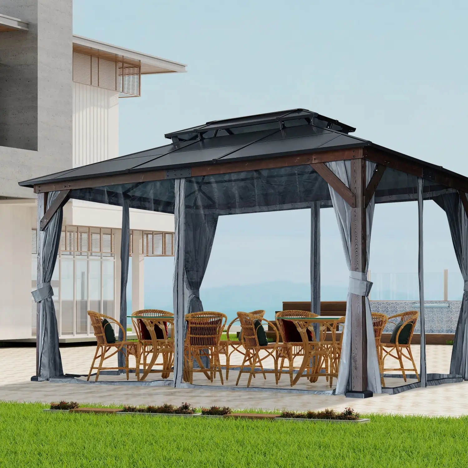 Included in this offering is a luxurious spacious Cedar Hardtop Gazebo designed for patios outdoor gardens and backyards. This exquisite structure boasts a double metal roof a sturdy