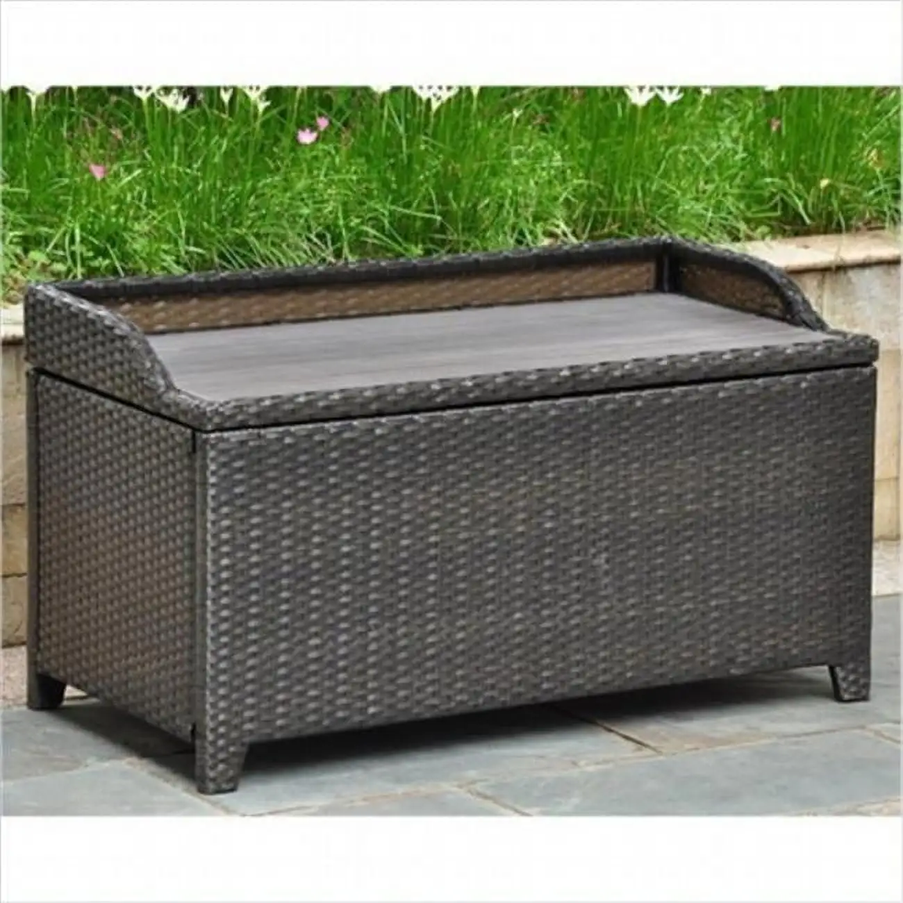 International Caravan Inc Bardelona Resin Wicker- Aluminum Storage Bench with Edge Lip - Black